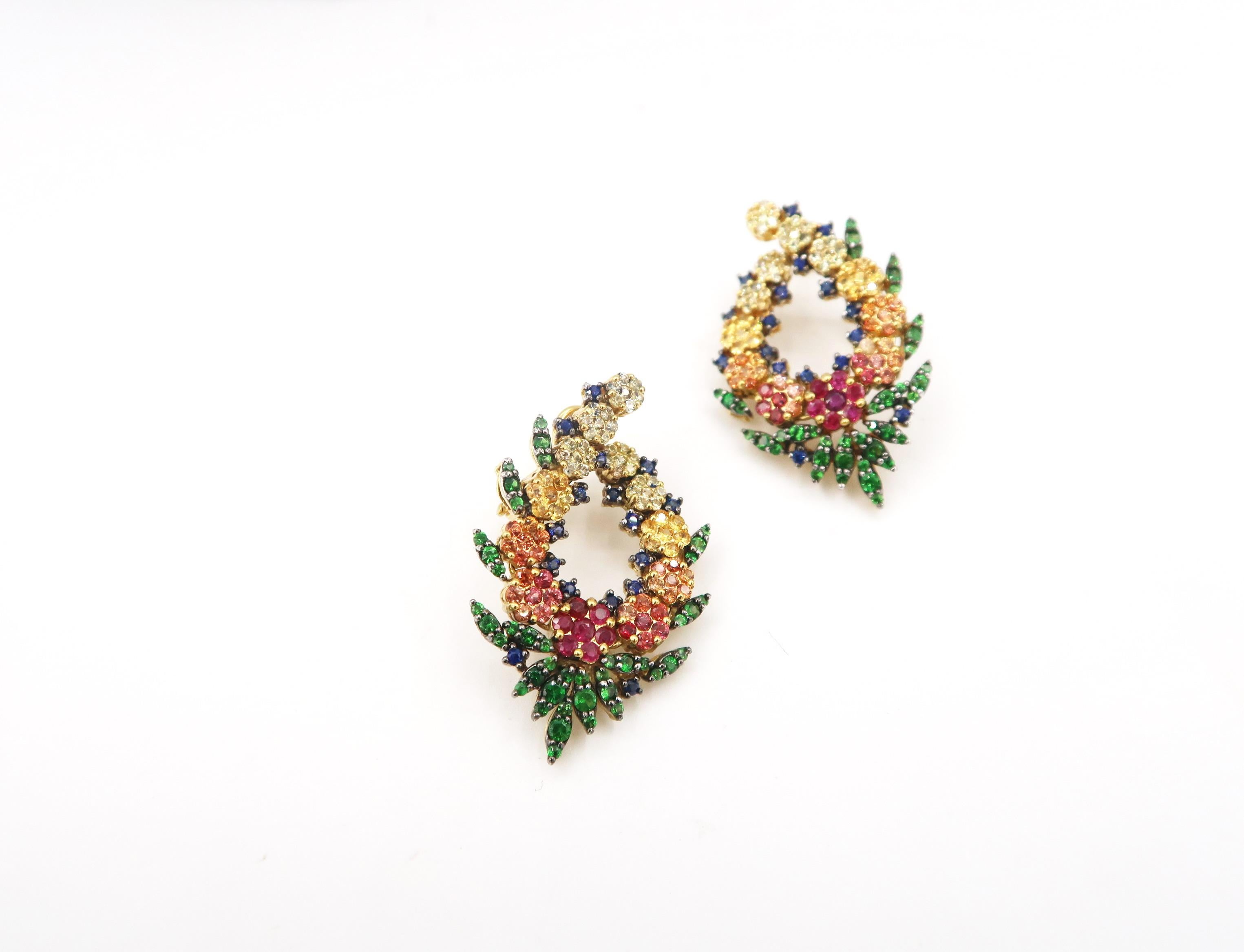 Round Cut No Diamond Multi-Color Sapphire Ruby Flower Wreath Gold Clip-On Earrings