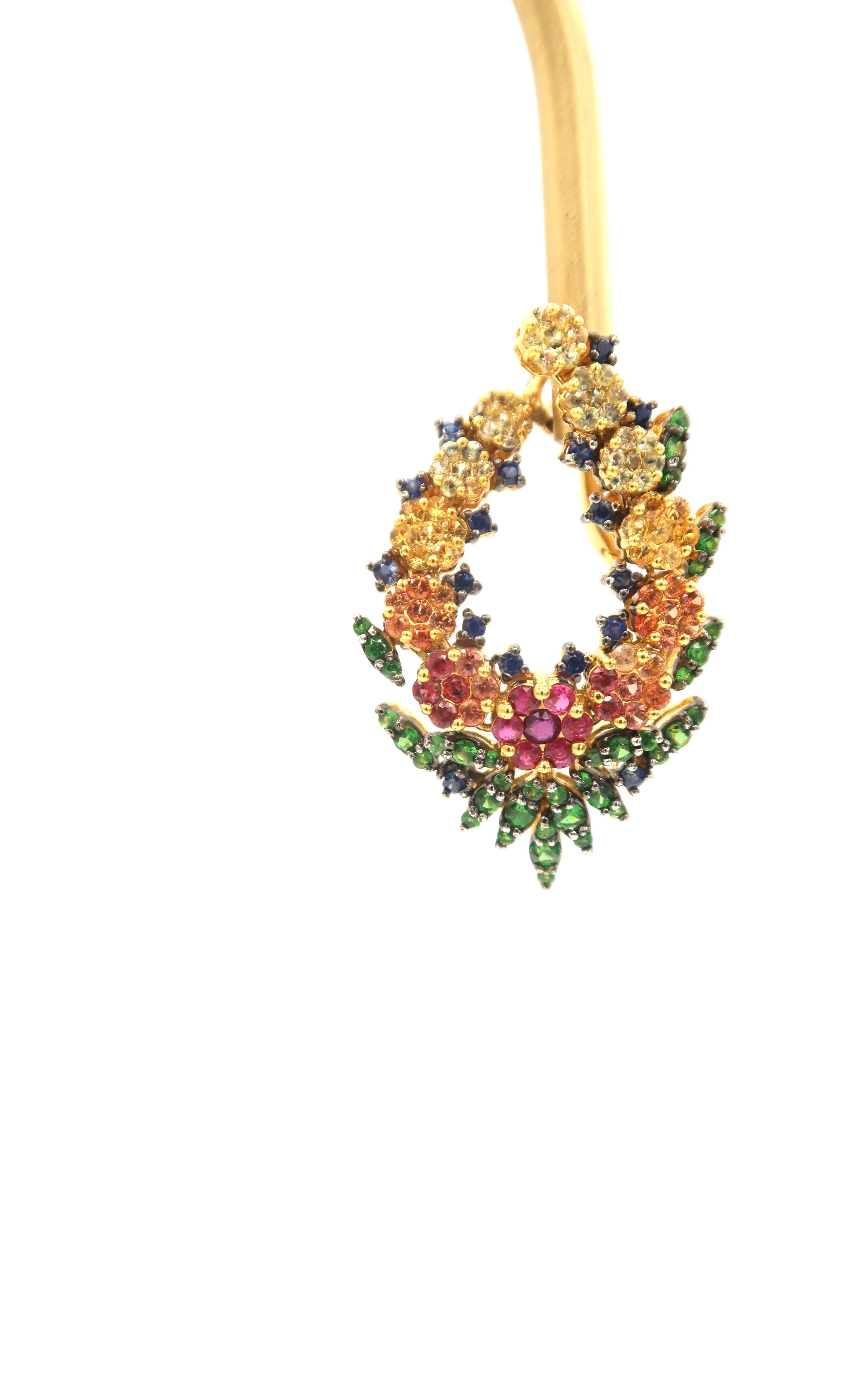 Women's No Diamond Multi-Color Sapphire Ruby Flower Wreath Gold Clip-On Earrings