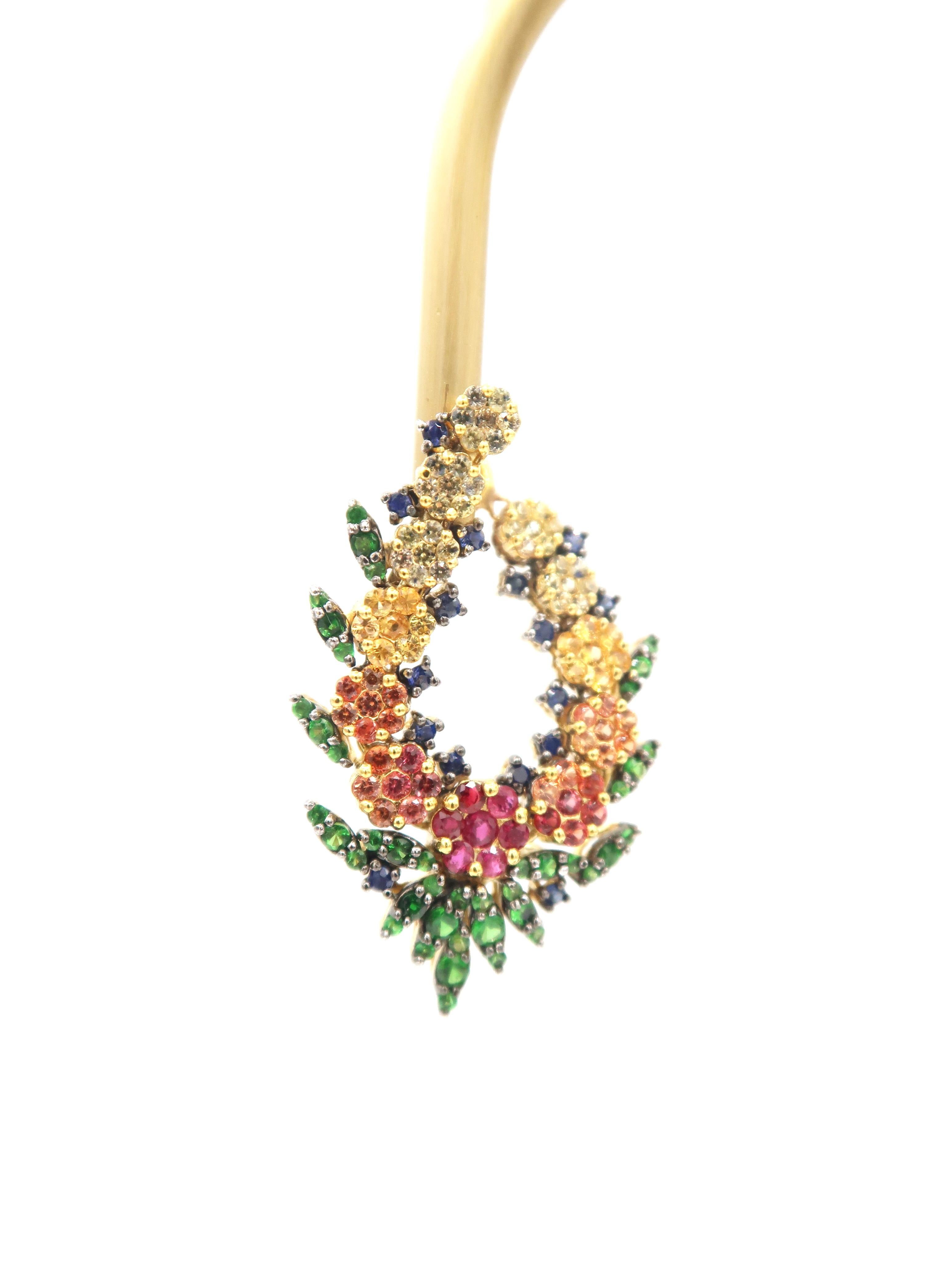 No Diamond Multi-Color Sapphire Ruby Flower Wreath Gold Clip-On Earrings 1