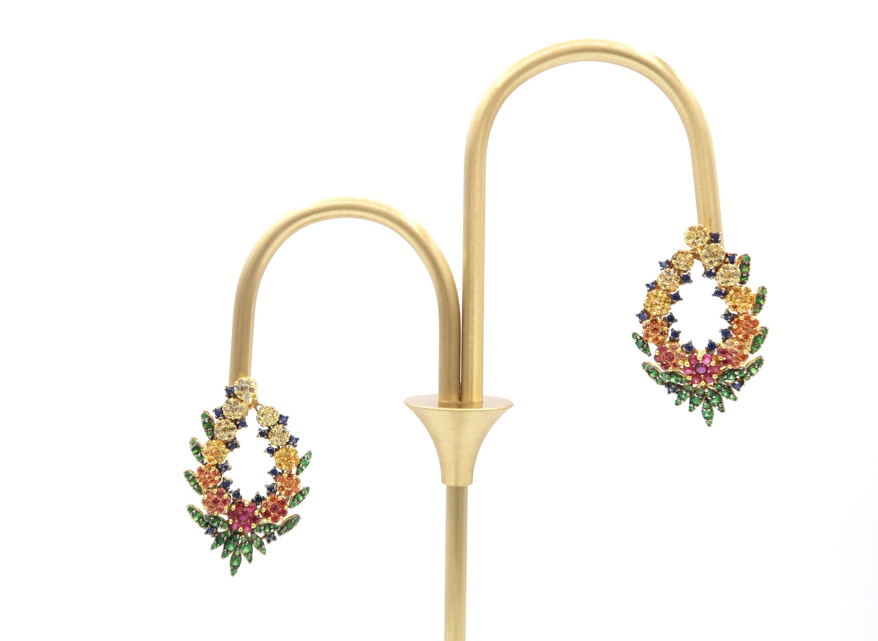 No Diamond Multi-Color Sapphire Ruby Flower Wreath Gold Clip-On Earrings 2