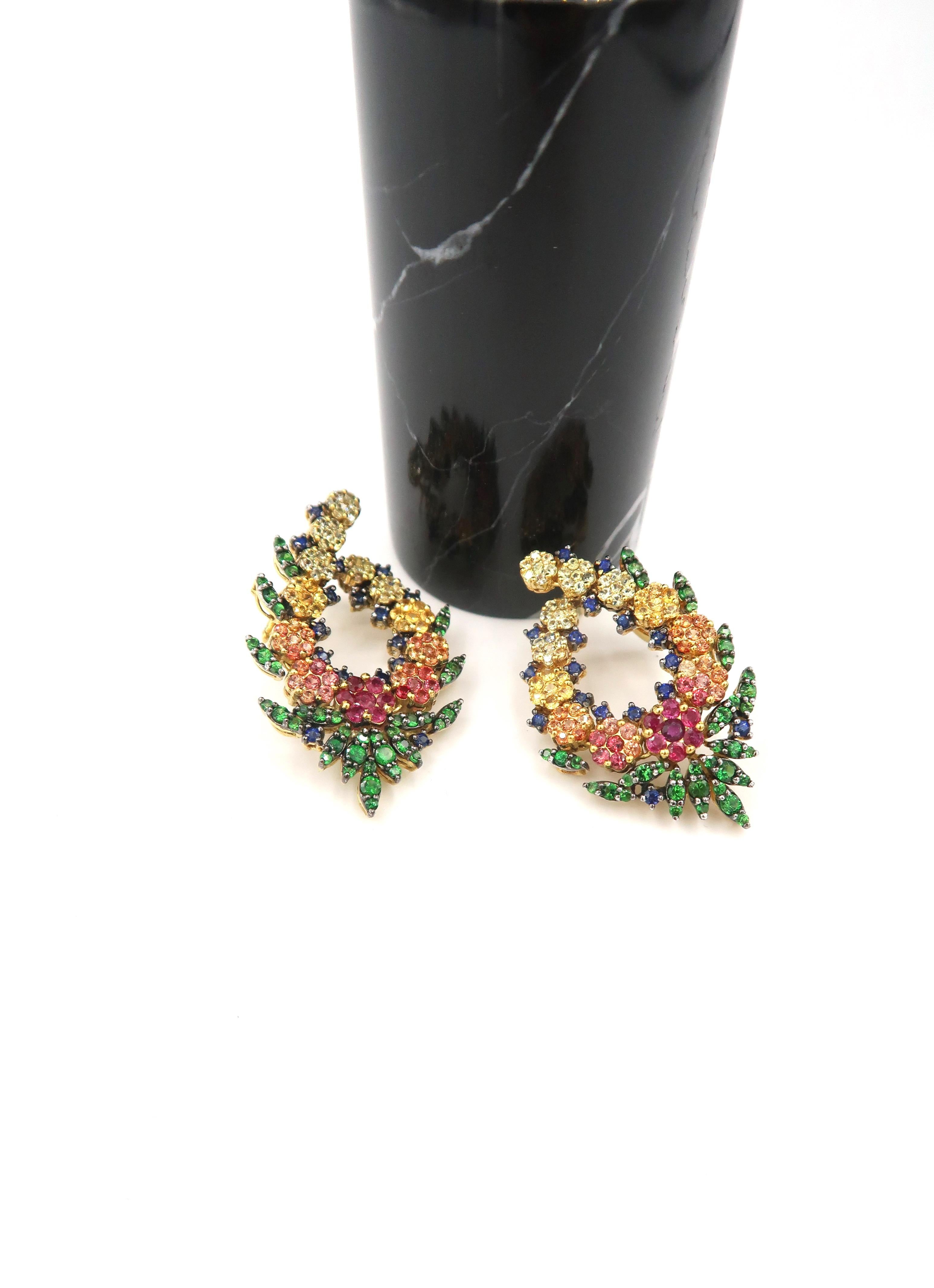 No Diamond Multi-Color Sapphire Ruby Flower Wreath Gold Clip-On Earrings 3