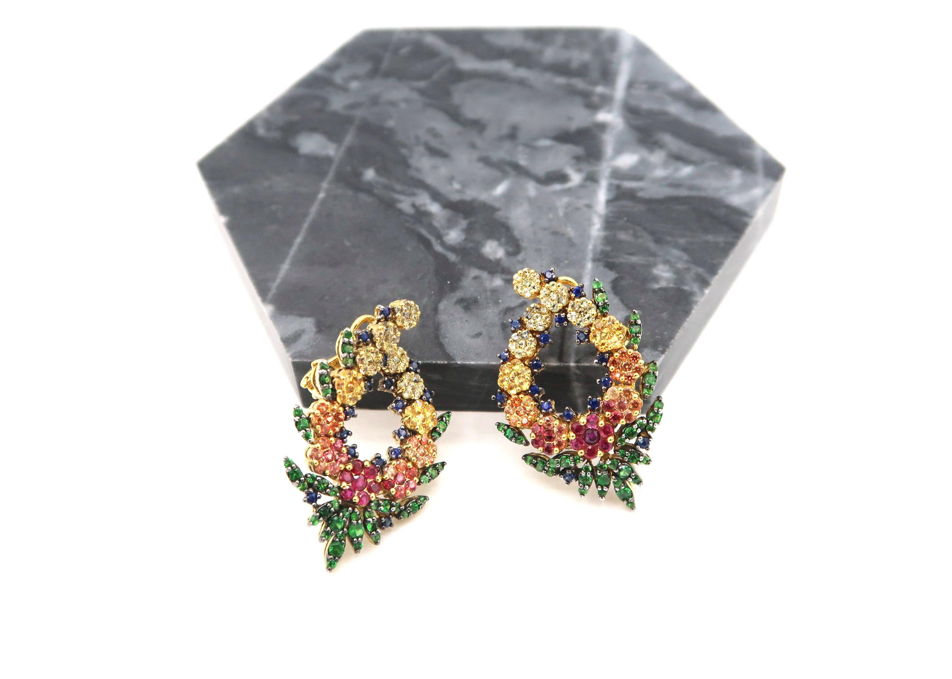 No Diamond Multi-Color Sapphire Ruby Flower Wreath Gold Clip-On Earrings 4