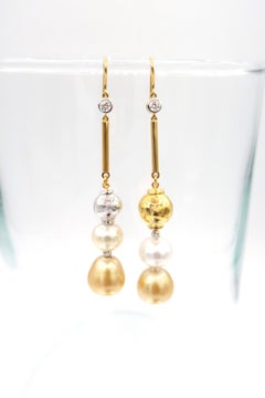 Barhaken-Ohrringe, Südsee-Weißgold Perle Gold Kugel Diamant