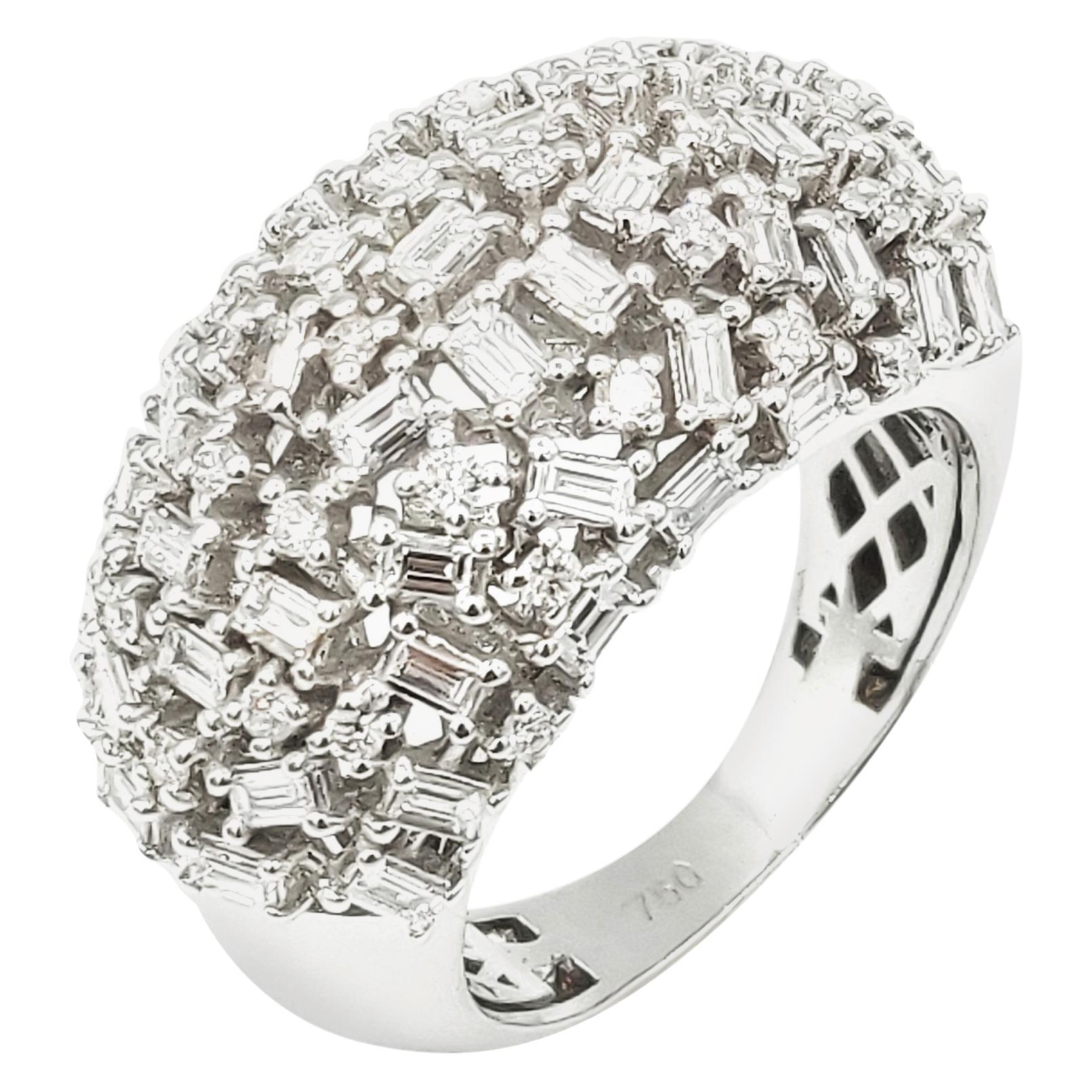 Boon Openwork Brilliant Round Baguette Diamond Convex 18 Karat White Gold Ring For Sale