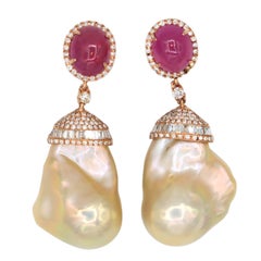 BOON Pink Sapphire Diamond Baguette Rose Pink Gold Pearl Drop Earrings