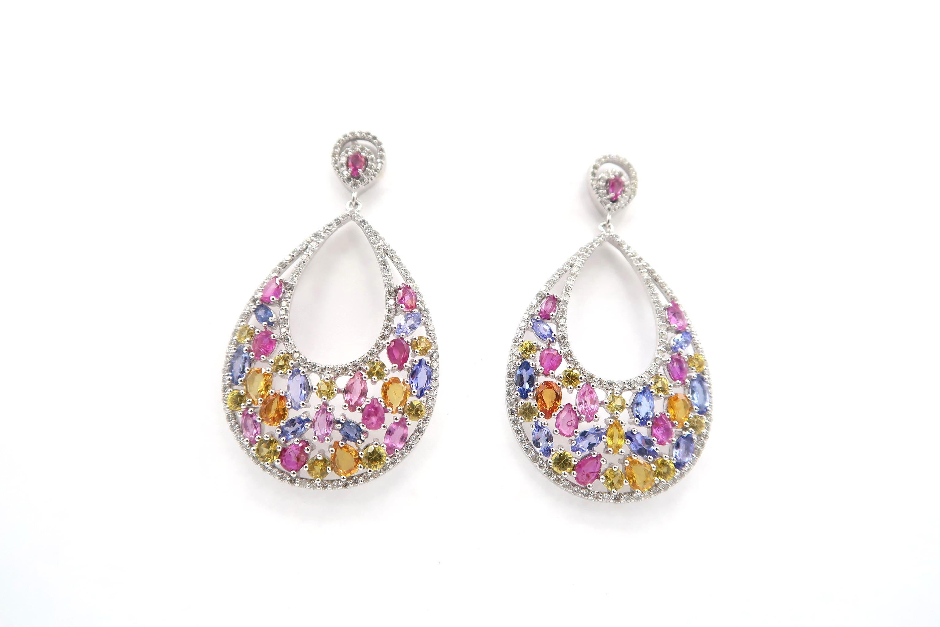 Mixed Cut Boon Pink Yellow Blue Sapphire Diamond 18K Gold Chandelier Earrings For Sale