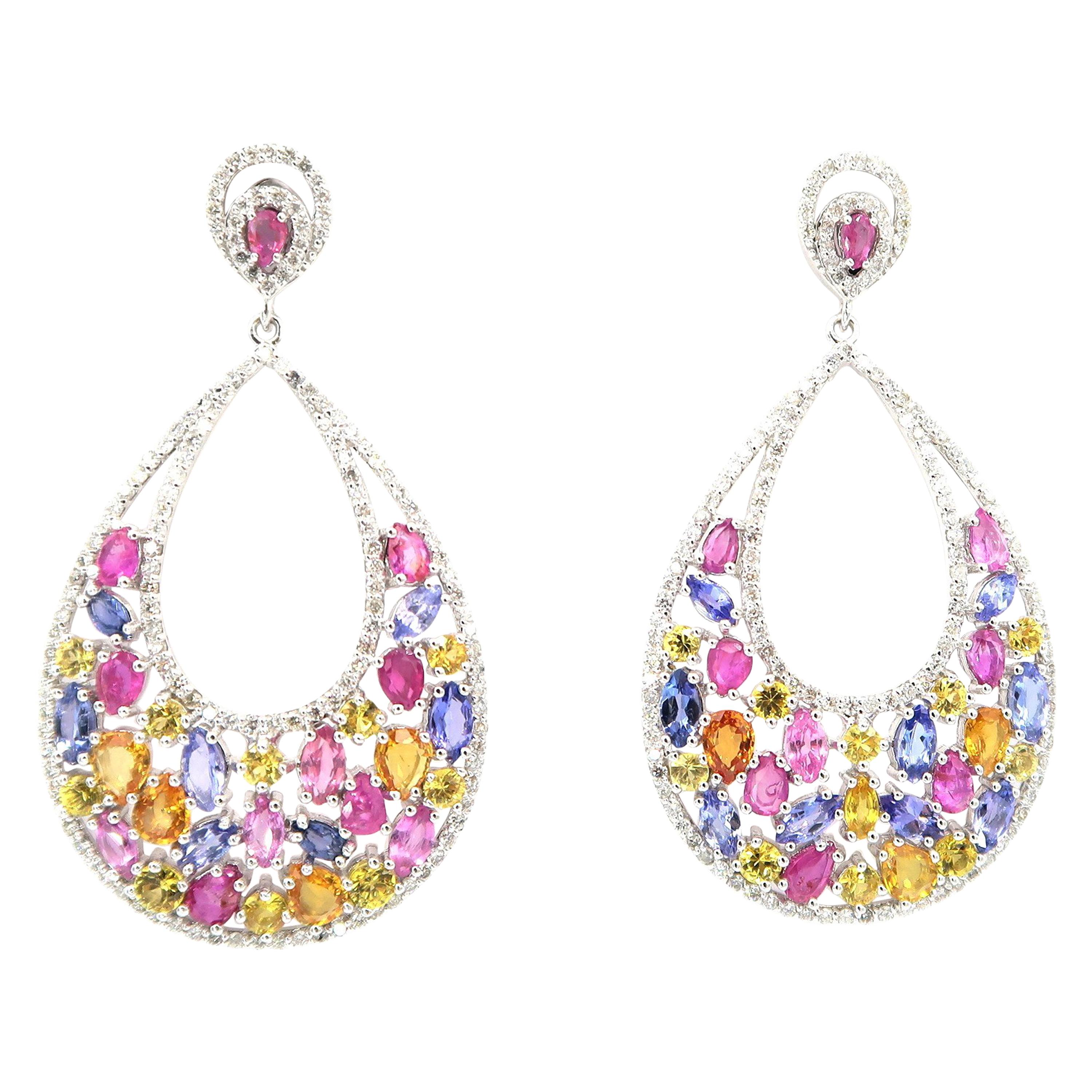 Boon Pink Yellow Blue Sapphire Diamond 18K Gold Chandelier Earrings For Sale