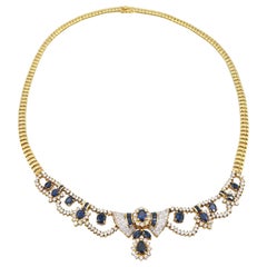 Boon Sapphire and Diamond Ribbon Detail Drop Scalloped 18 Karat Gold Necklace