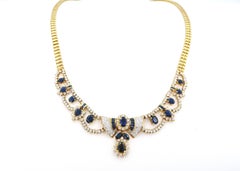 Boon Sapphire and Diamond Ribbon Detail Drop Scalloped 18 Karat Gold Necklace