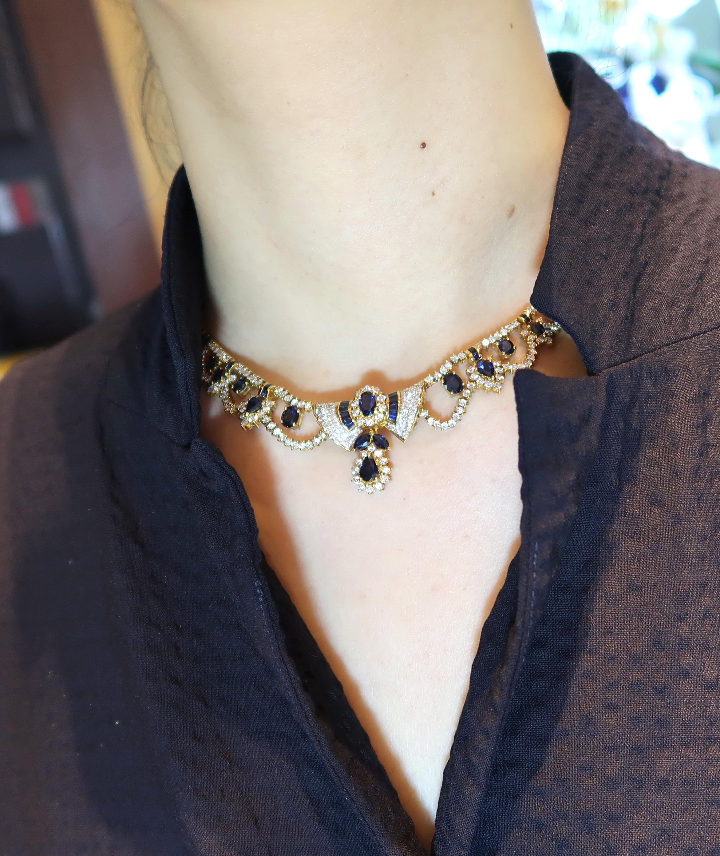 Edwardian Boon Sapphire and Diamond Ribbon Detail Drop Scalloped 18 Karat Gold Necklace For Sale