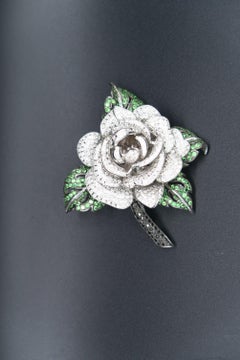 Boon Signature White and Black Diamond Green Emerald Gold Rose Brooch