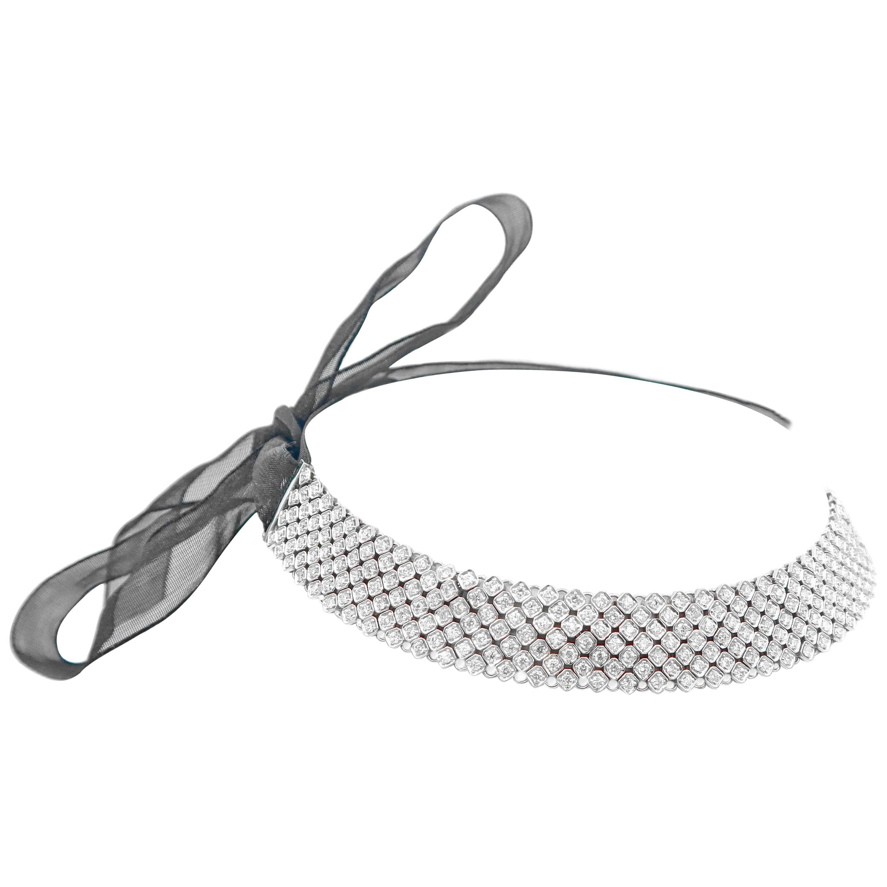 BOON Soft Wide Lattice Diamond Bracelet / Choker Necklace 18K White Gold For Sale