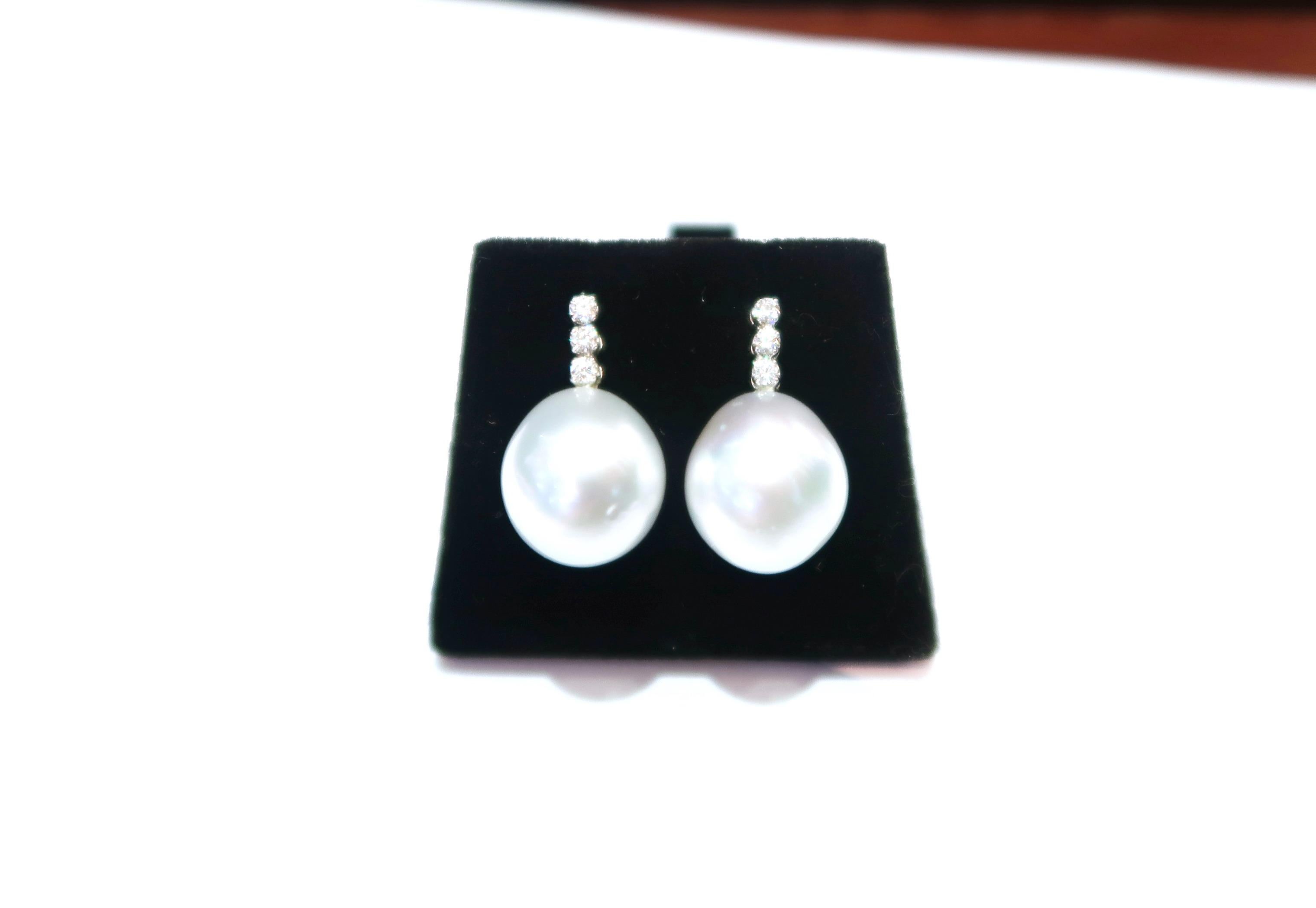 Brilliant Cut Boon Three Diamond Hanging White South Sea Pearl Drop White Gold Earrings