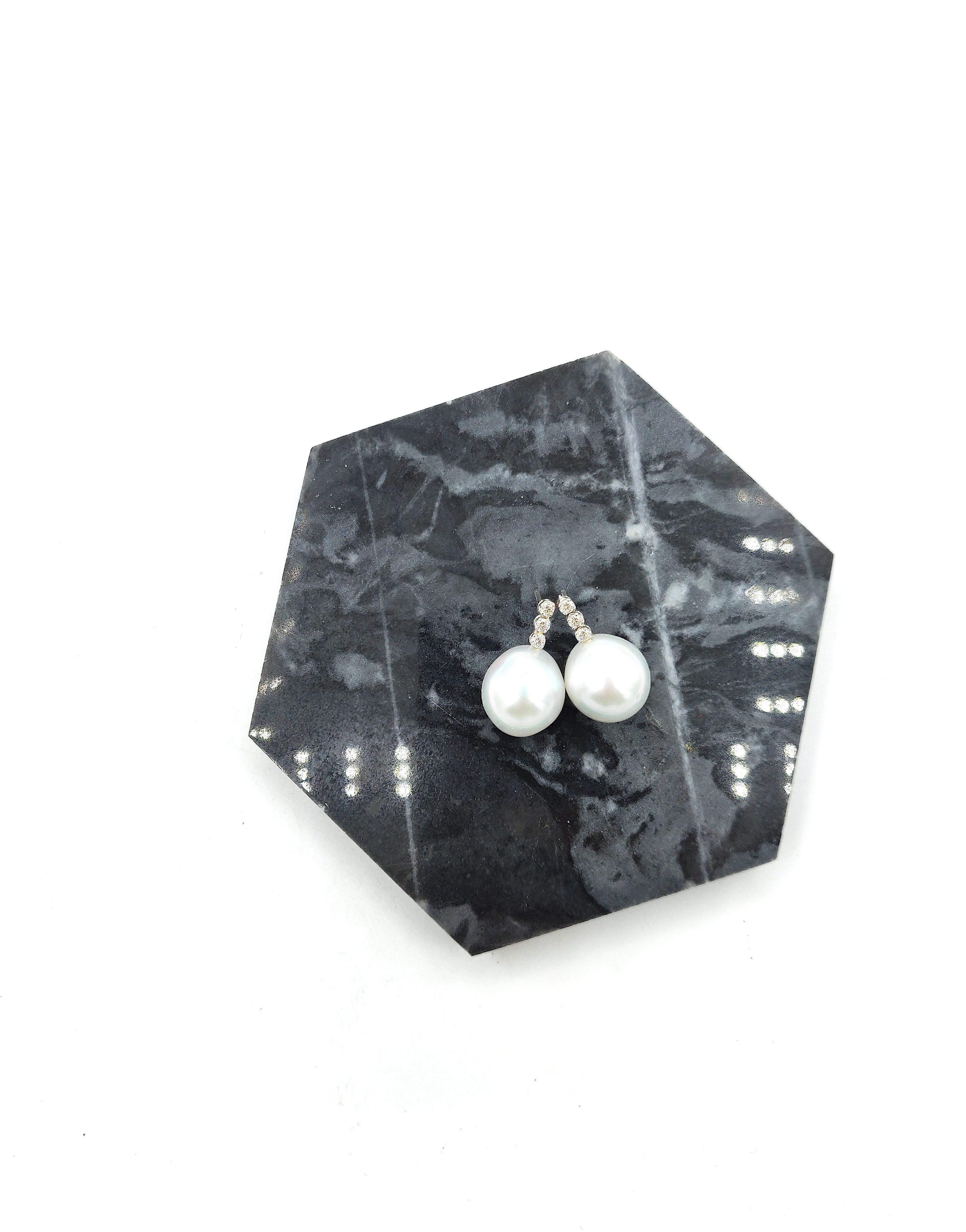 Modern Boon Three Diamond Hanging White South Sea Pearl Drop White Gold Earrings