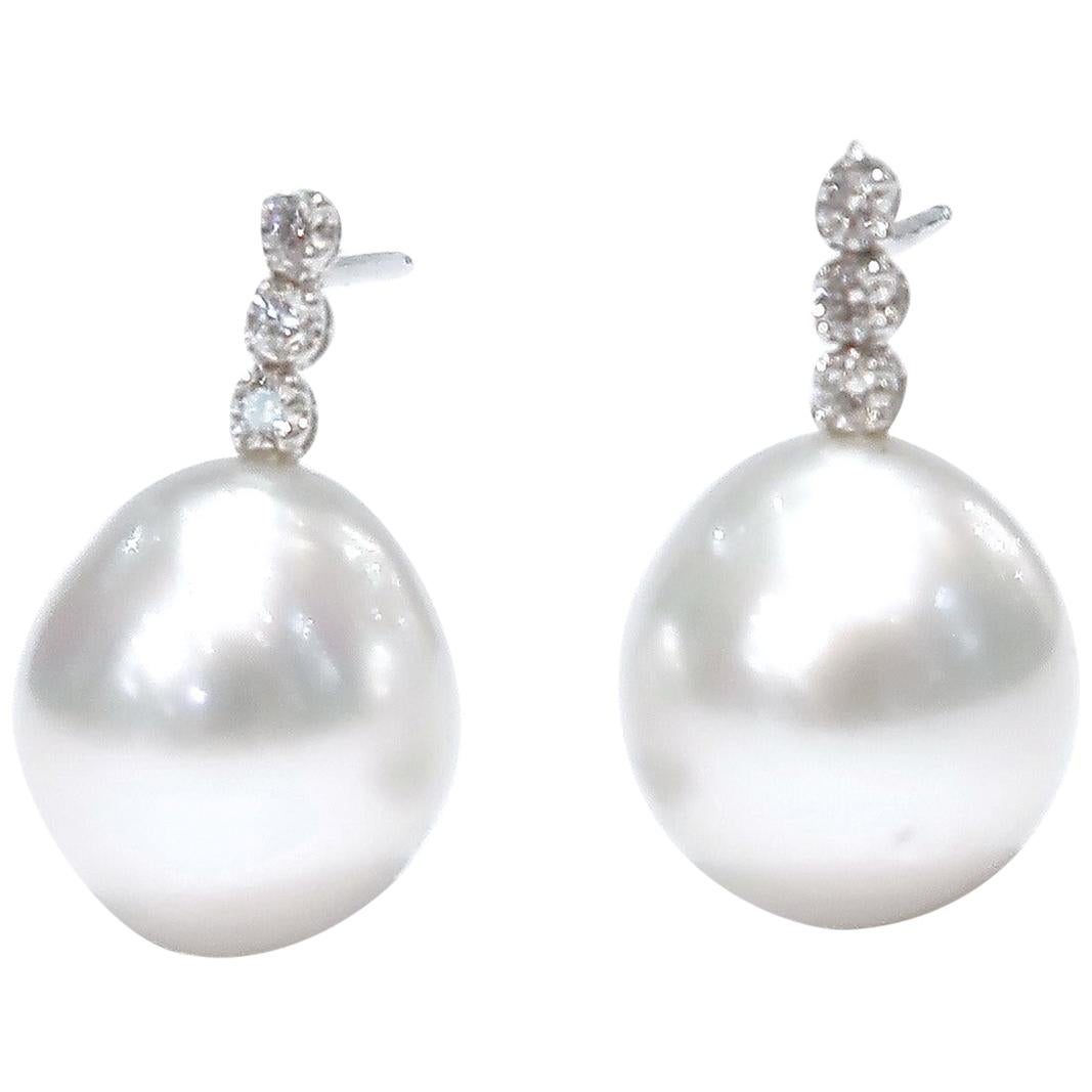 Boon Three Diamond Hanging White South Sea Pearl Drop White Gold Earrings