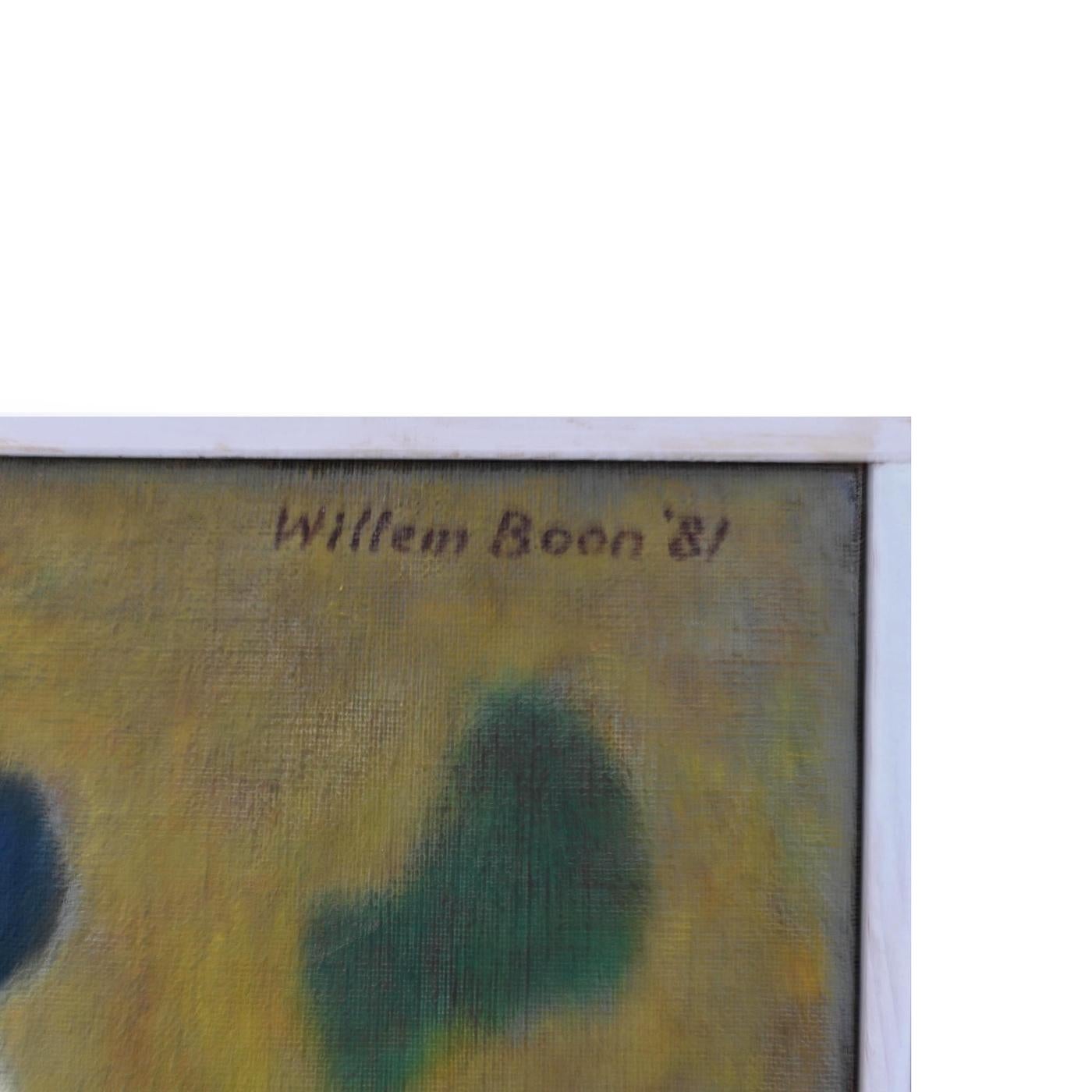 BOON Willem (1902-1982), composition abstraite. Huile sur toile 1981. Peintre néerlandais d'art abstrait bien connu. Dans un petit cadre en bois blanc.