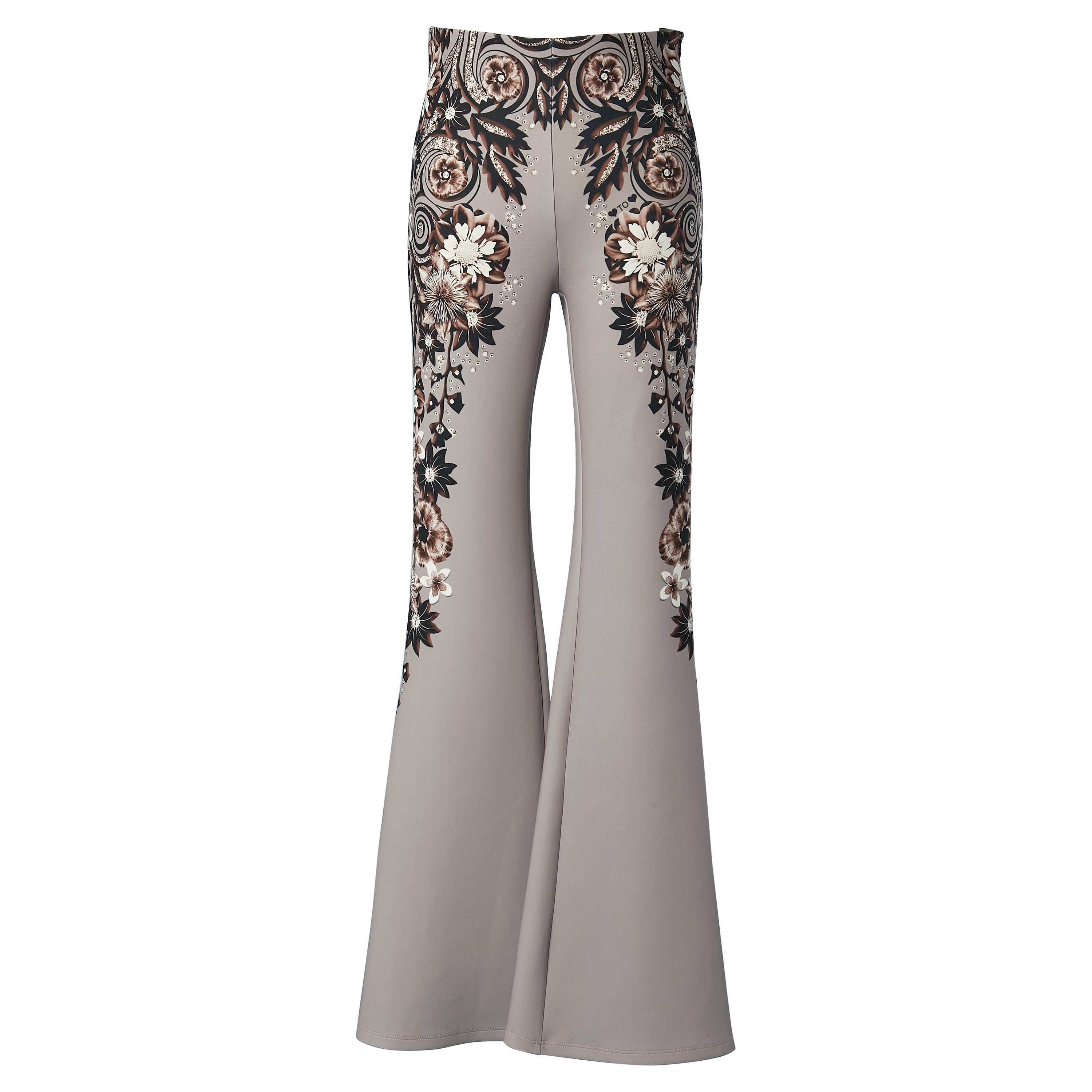 Pantalón gris con corte de bota y estampado Gai Mattiolo Love to Love en venta