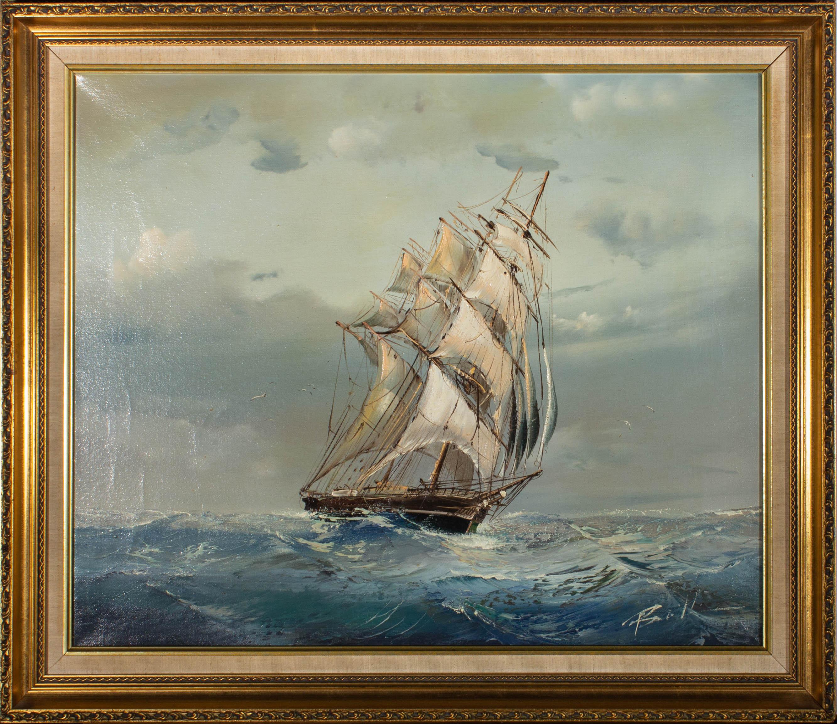 A view of a frigate traversing choppy seas. Presented in a gilt-effect wooden frame with a linen slip and gilt-effect inner edge. Signed to the lower-right edge. On canvas on stretchers.
