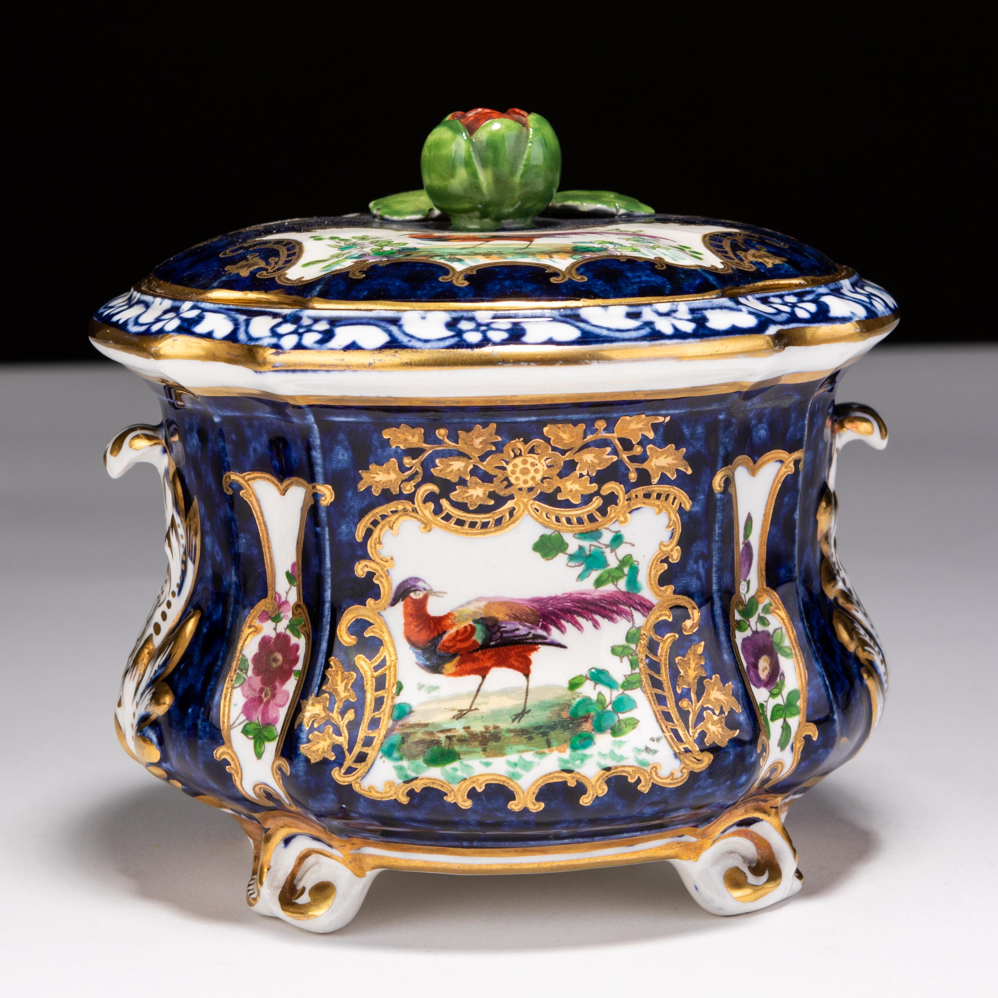 Booths Asiatic Pheasant Cobalt Porcelain Lidded Trinket Sugar Box 19th Century In Good Condition For Sale In Nottingham, GB