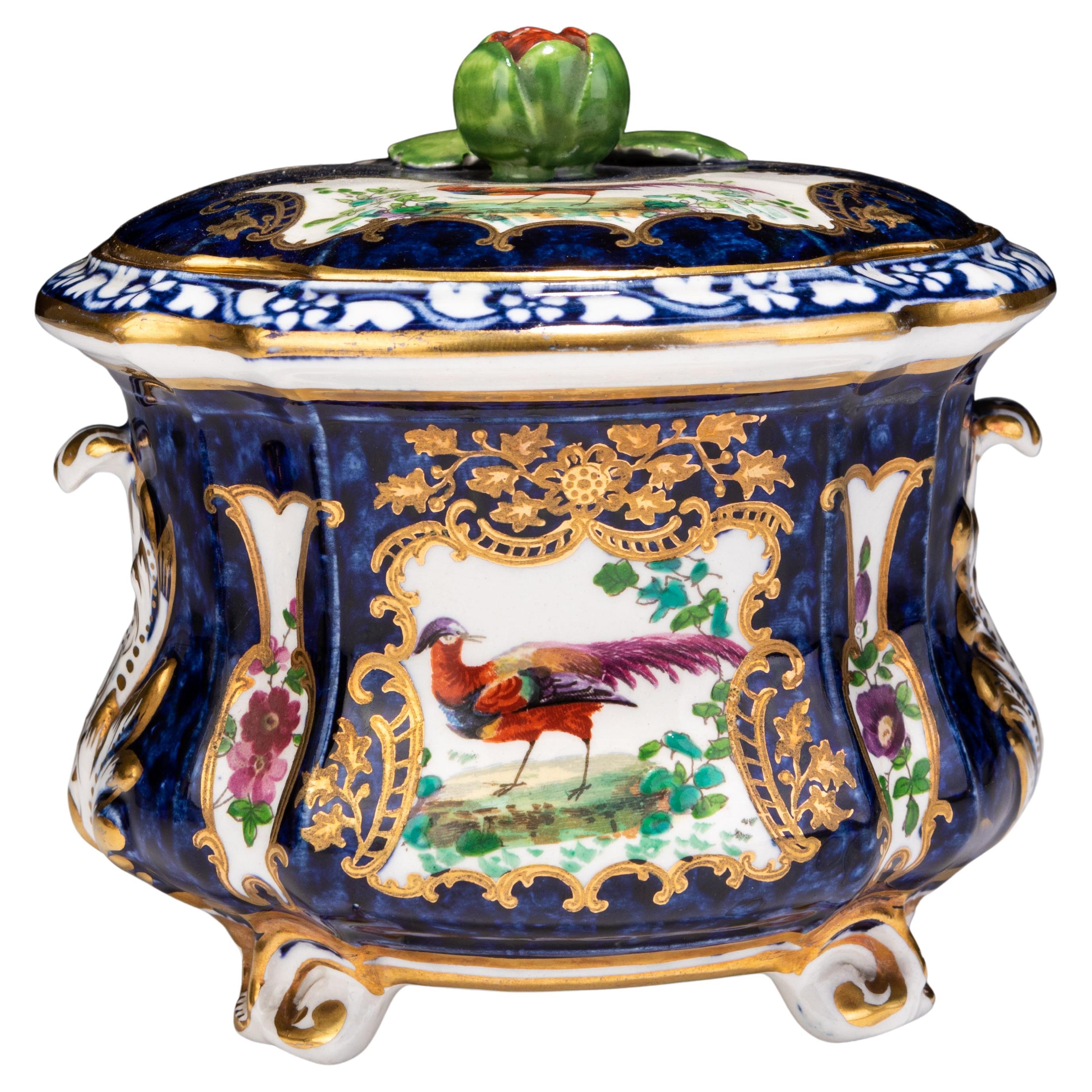 Booths Asiatic Pheasant Cobalt Porcelain Lidded Trinket Sugar Box 19th Century For Sale
