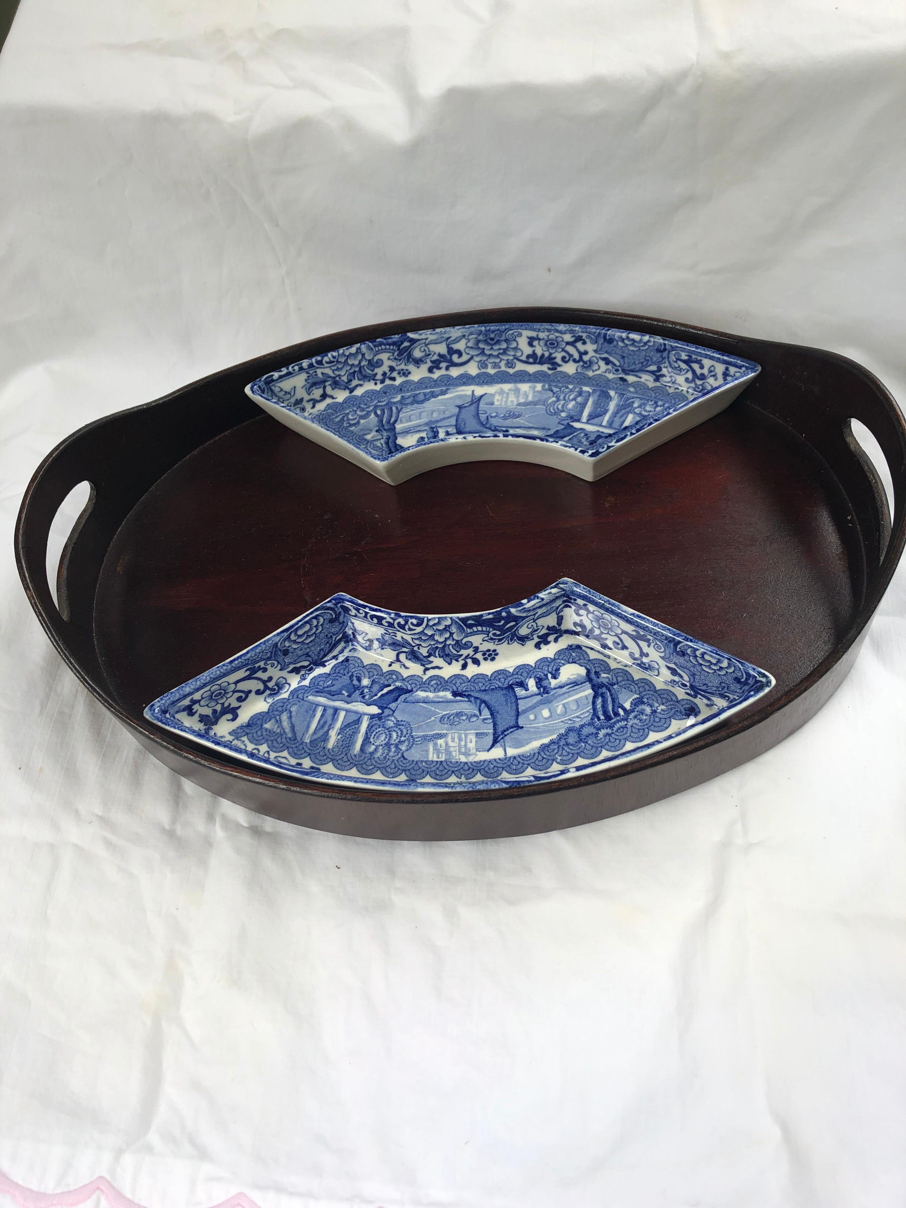 Victorian Booths Blue Transfer Printed Porcelain Condiment Dishes in a Fitted Tray For Sale