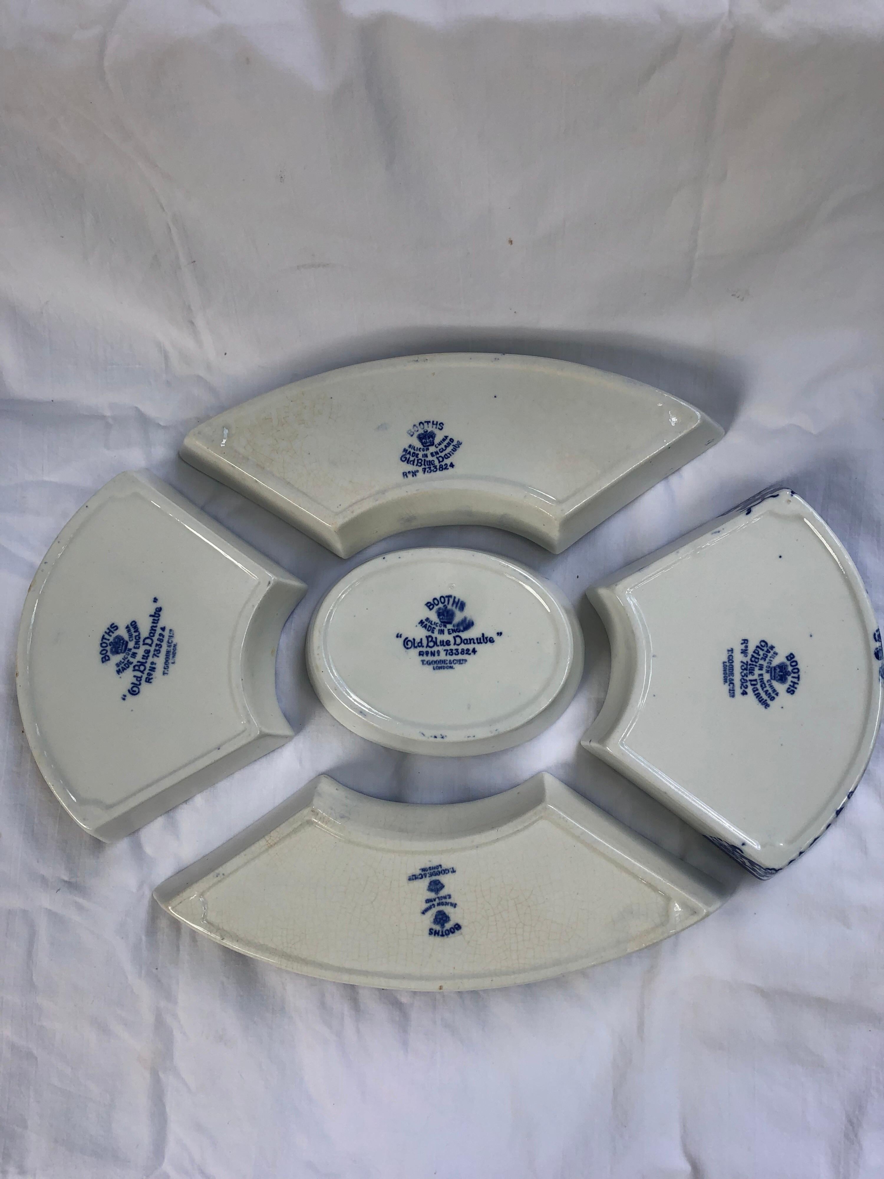 English Booths Blue Transfer Printed Porcelain Condiment Dishes in a Fitted Tray For Sale