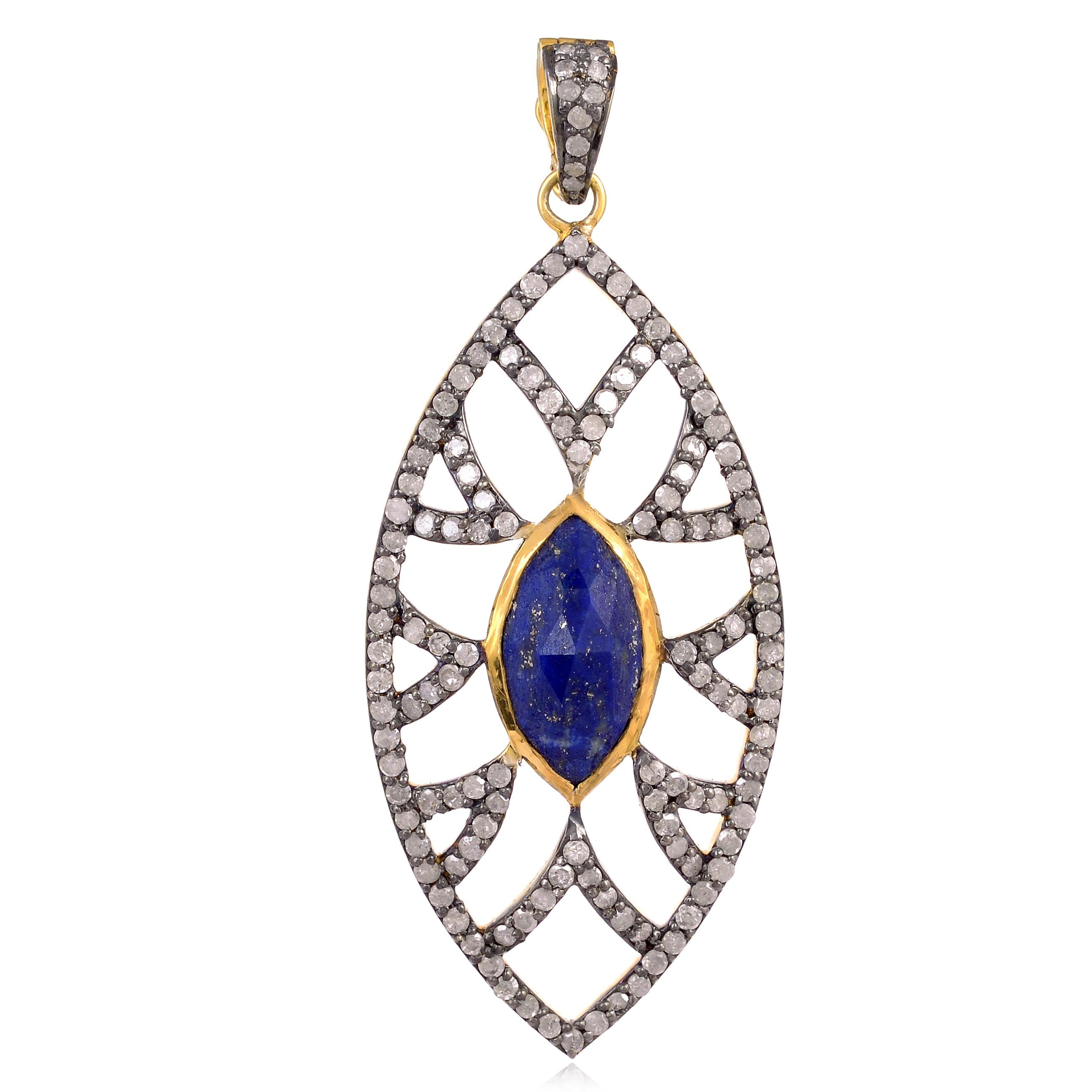 Rose Cut  Lapis Diamond Bora Bora Marquise Pendant Necklace For Sale