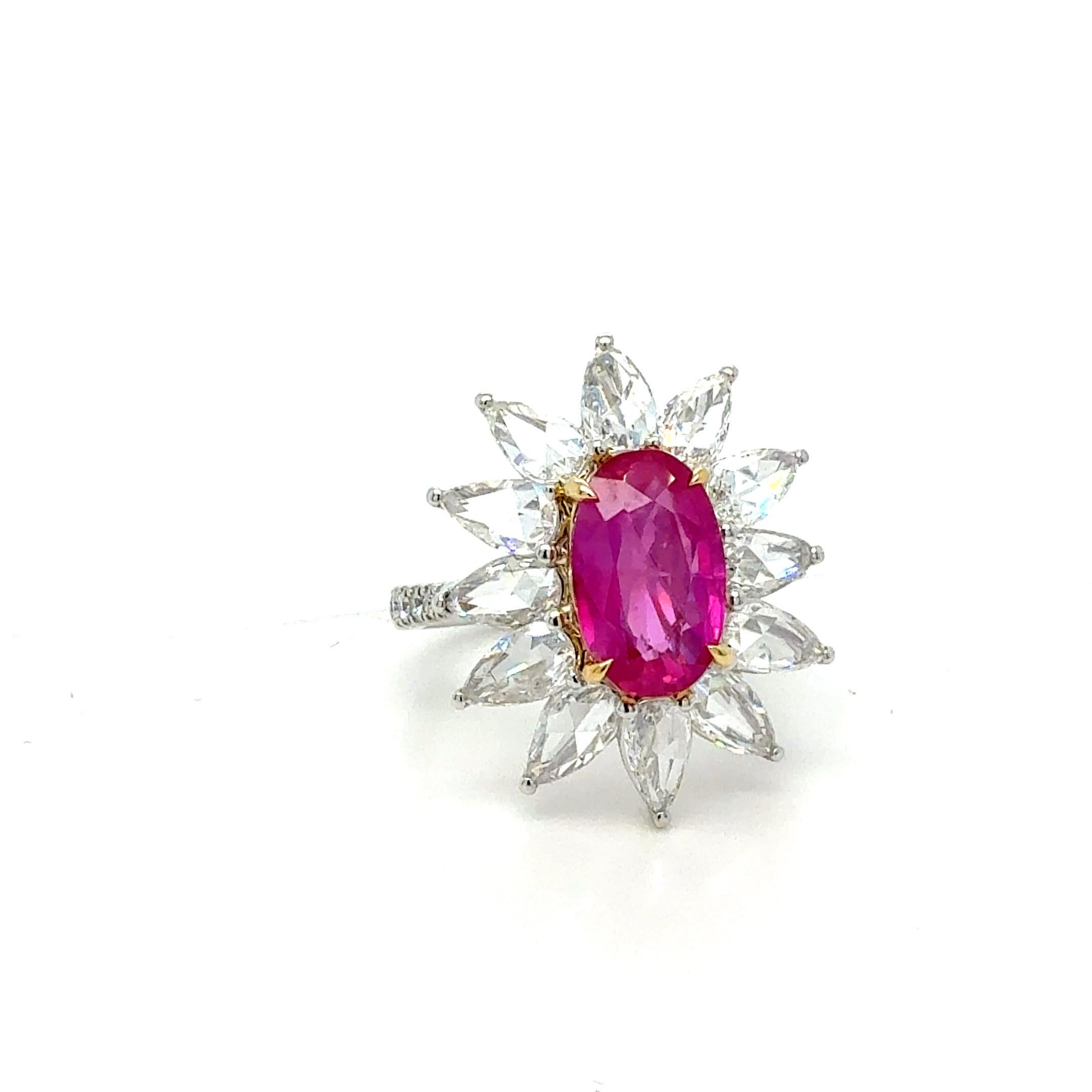 Taille ovale Bora & Co 2.36ct Burma No Heat Ruby avec diamants naturels taille rose en vente
