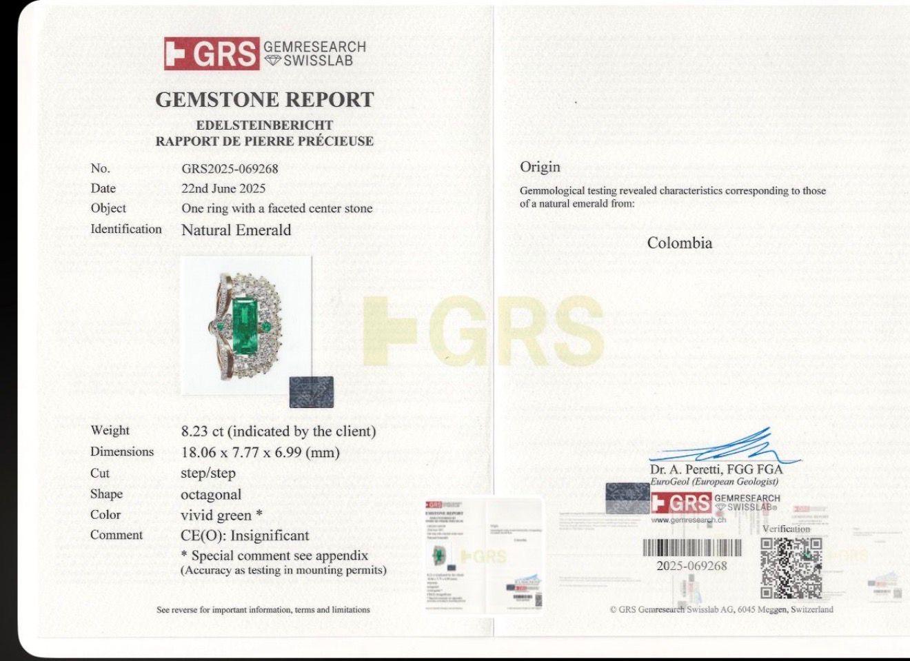 Bora & Co Bague émeraude colombienne et diamant de 8,23ct (certifiée GRS/GIA) Pour femmes en vente