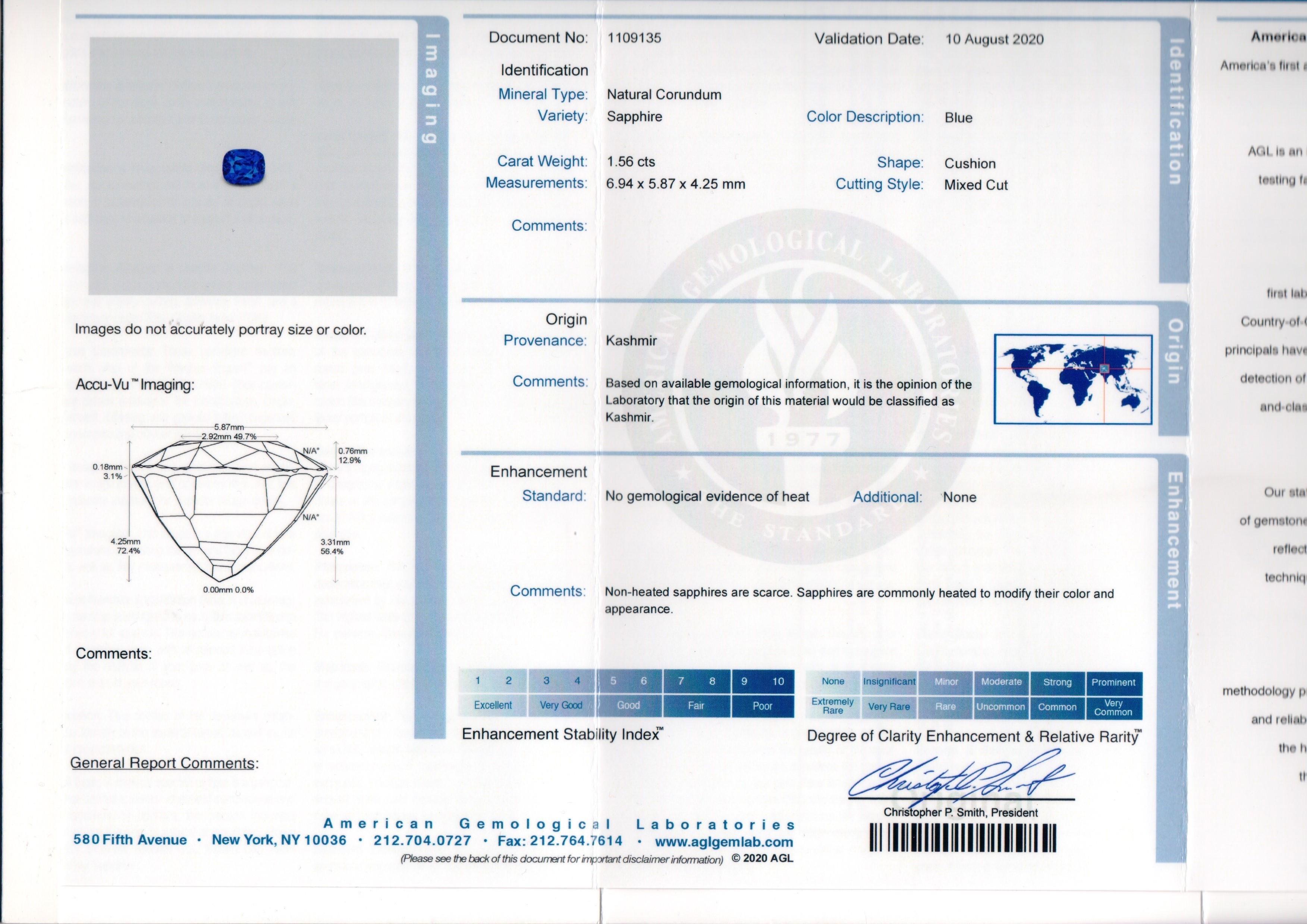 Bora & Co Bague saphir du Cachemire certifié AGL et GIA 1,56ct Unisexe en vente