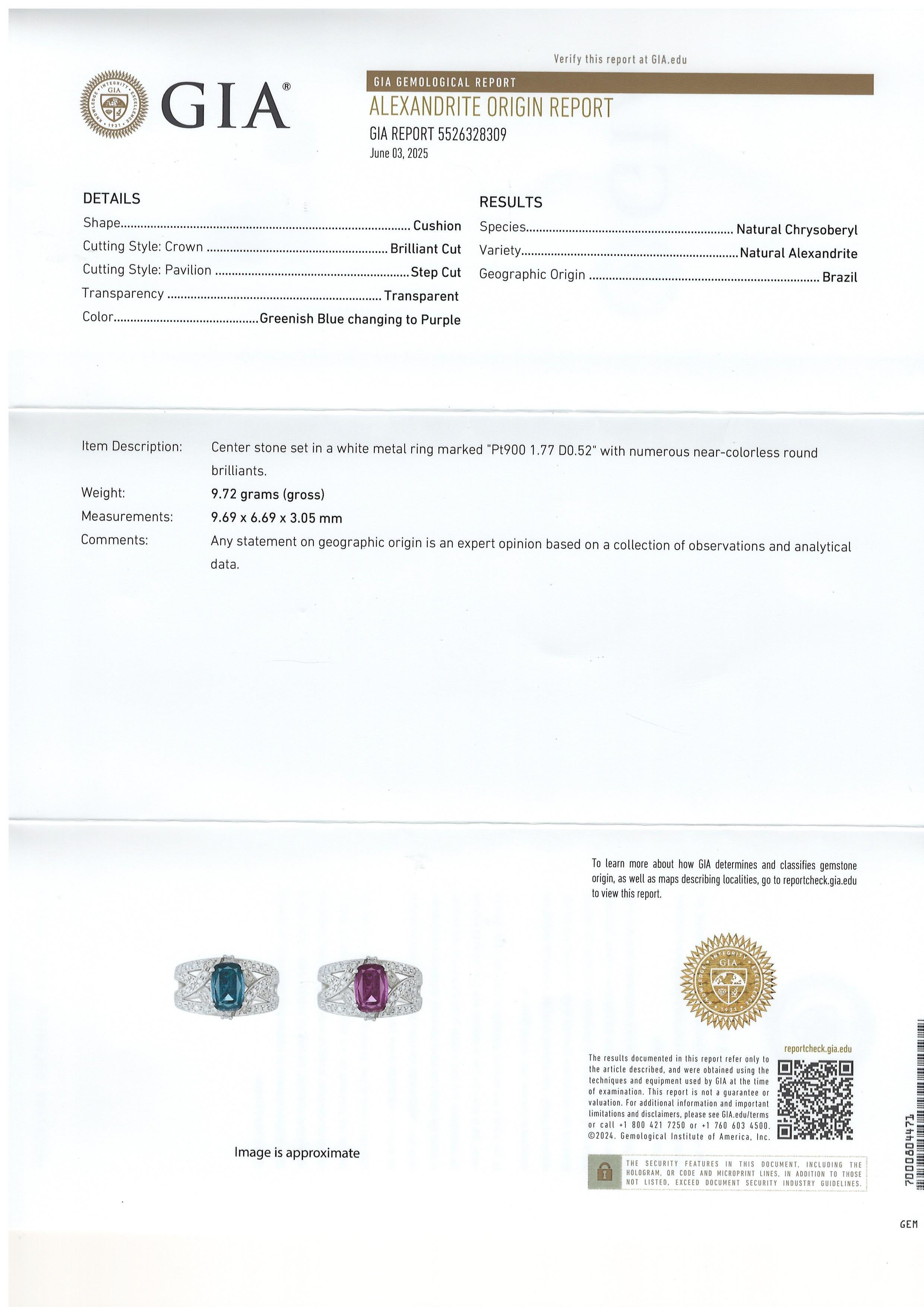 Bora & Co GIA zertifiziert 1,77ct brasilianischen Alexandrit und Diamant-Platin-Ring im Angebot 3