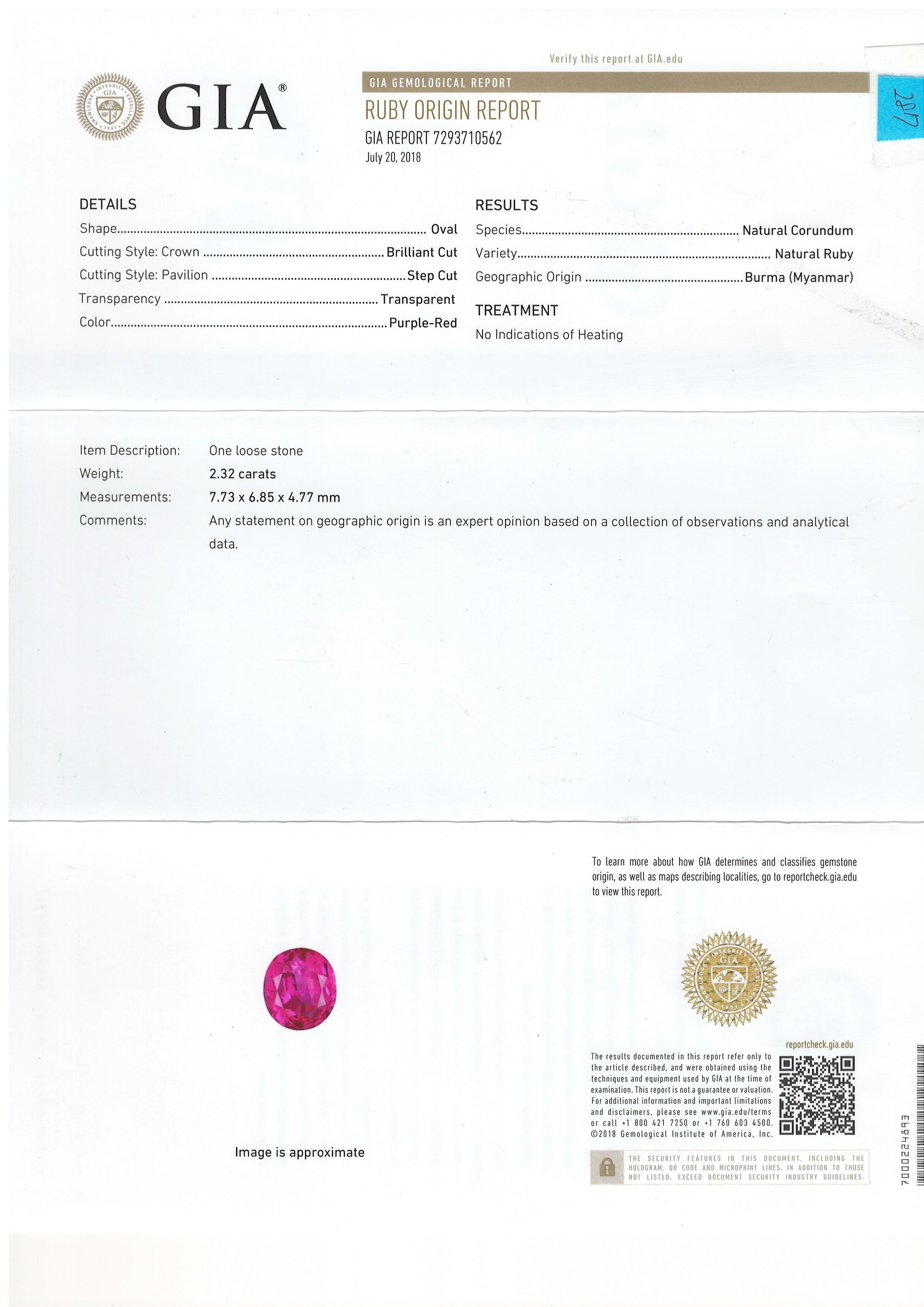 Bora & Co Bague certifiée GIA 2,32ct rubis de Birmanie et diamant naturel Pour femmes en vente