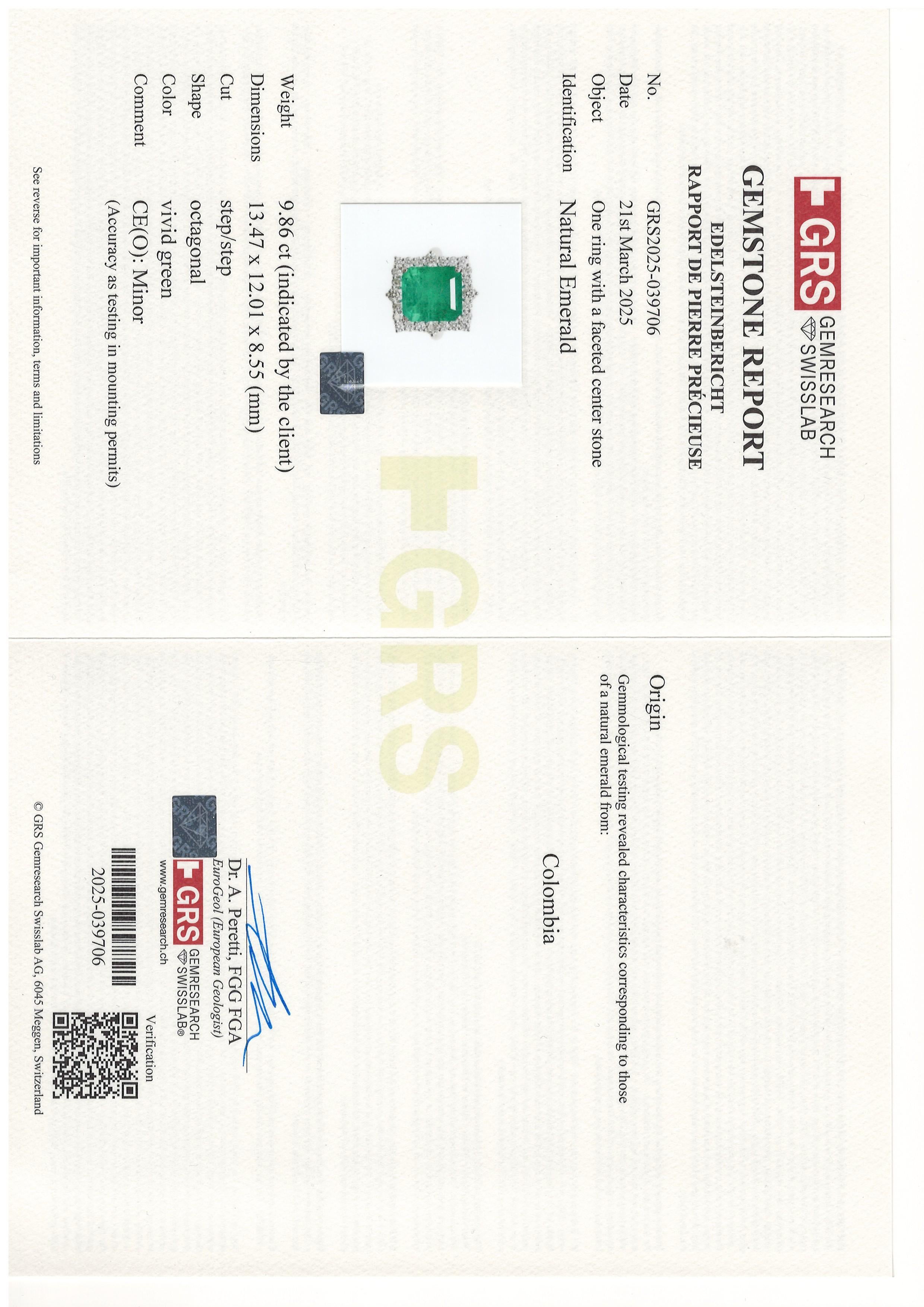 Donna Bora & Co GRS 9,86ct Smeraldo colombiano e diamanti Nature in vendita