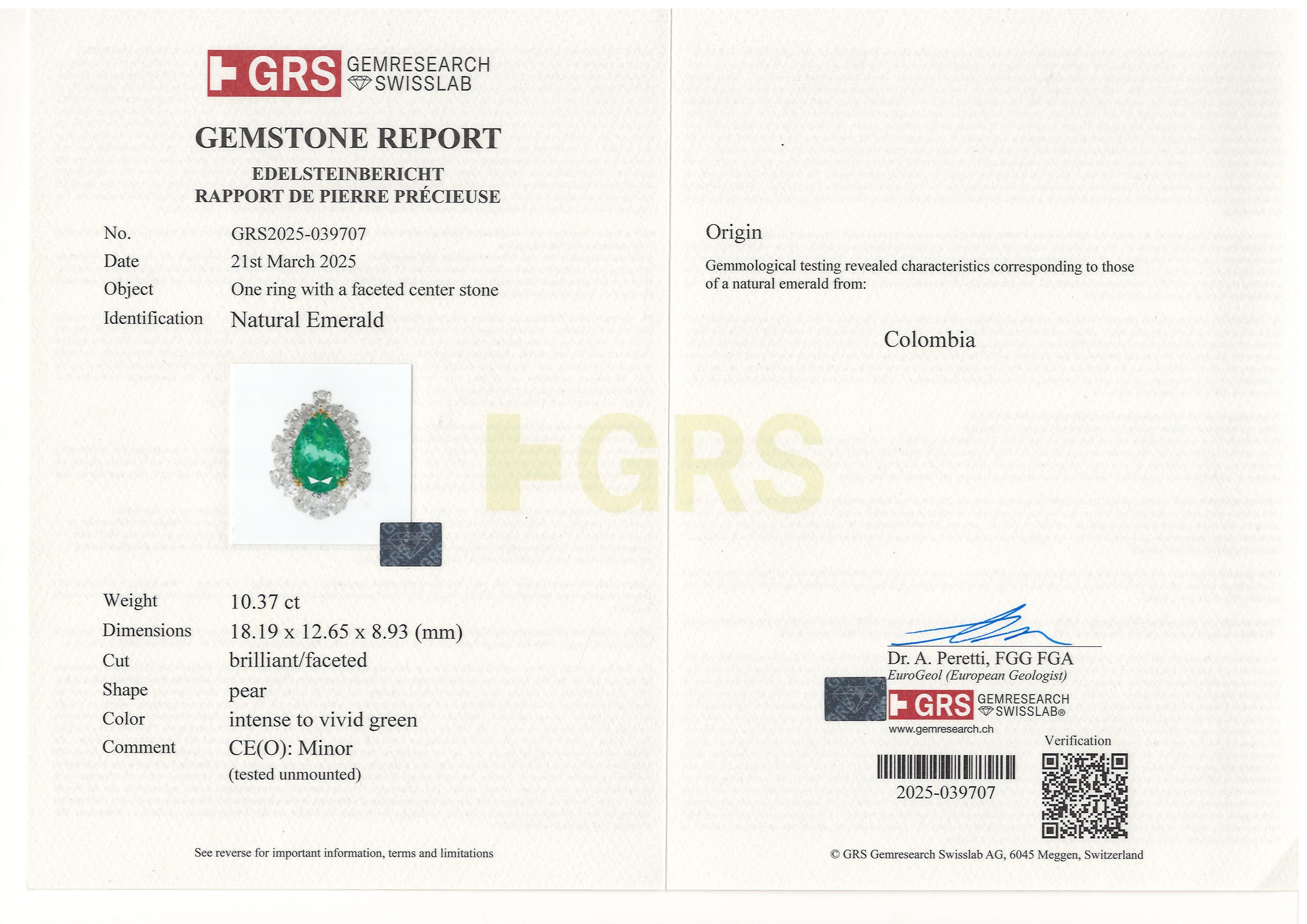 Bora & Co Bague certifiée GRS 10,37ct émeraude colombienne et diamant naturel Unisexe en vente