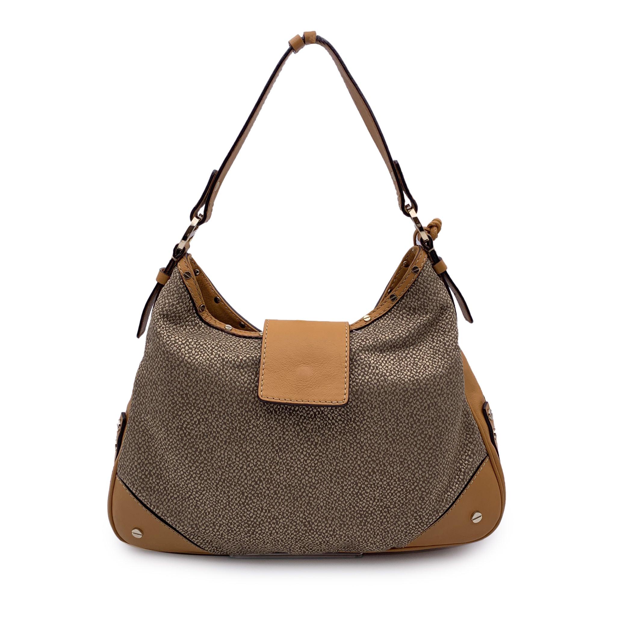 Borbonese Beige Op Canvas and Leather Hobo Shoulder Bag In Good Condition In Rome, Rome