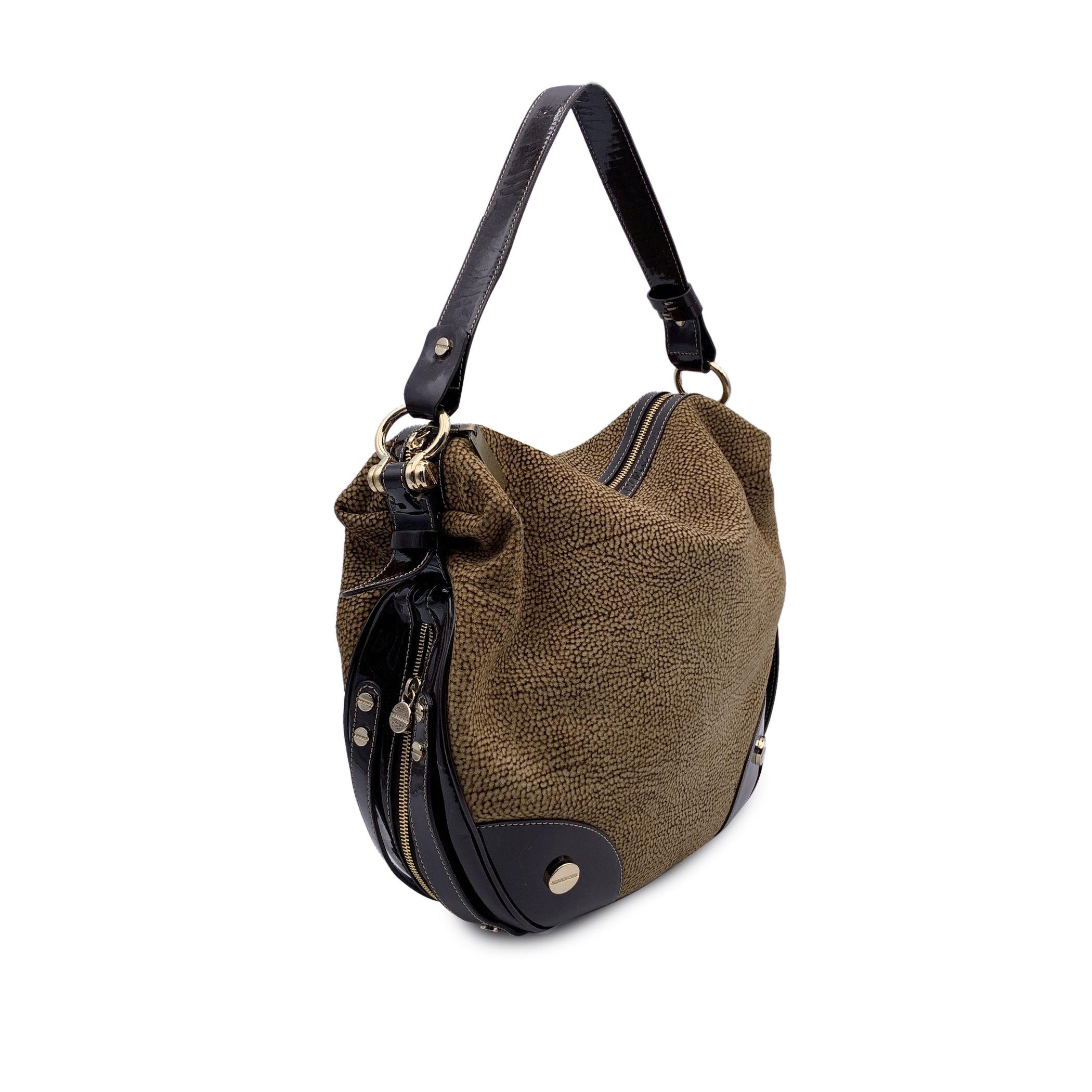 Borbonese Brown Op Suede and Patent Leather Hobo Shoulder Bag In Good Condition In Rome, Rome