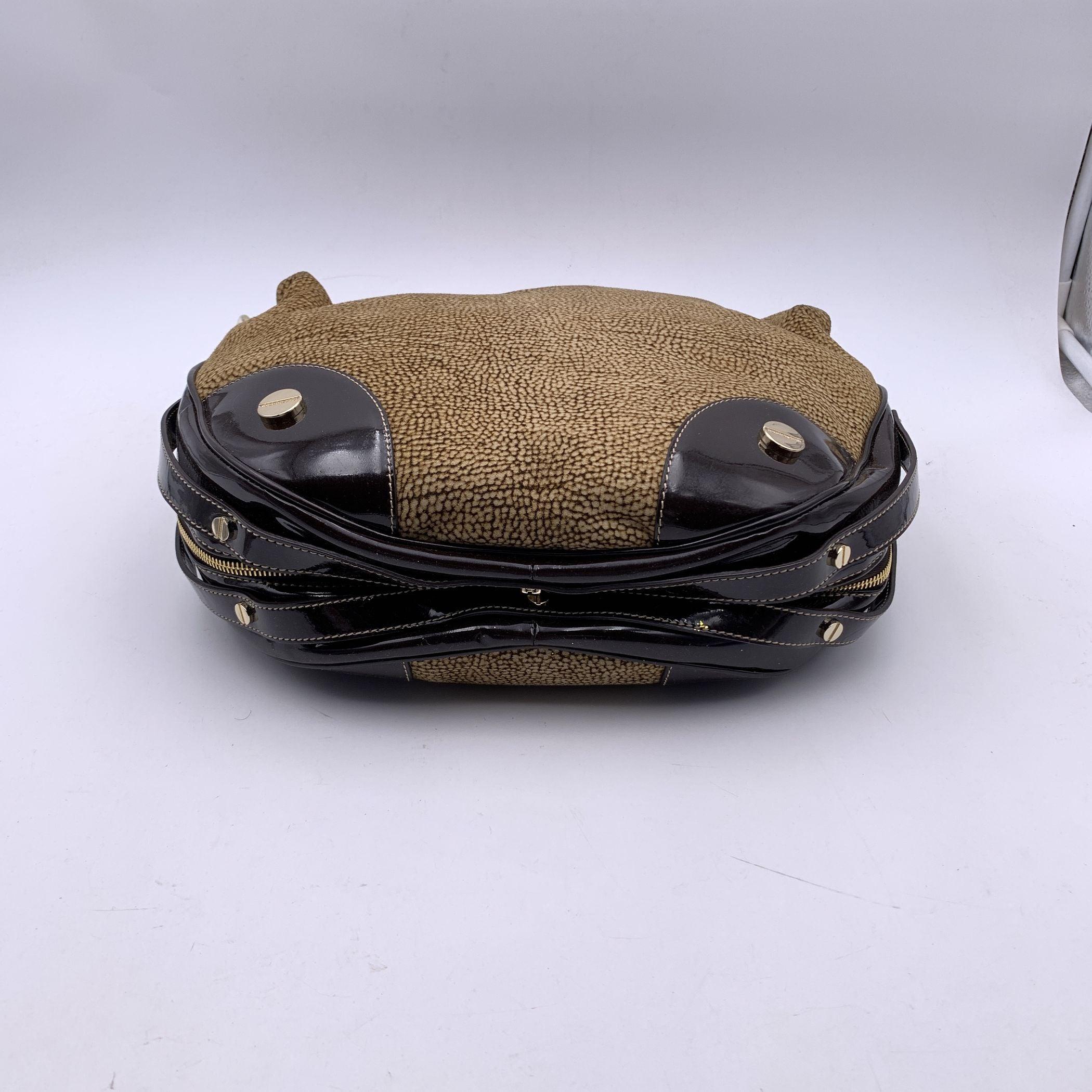 Women's Borbonese Brown Op Suede and Patent Leather Hobo Shoulder Bag