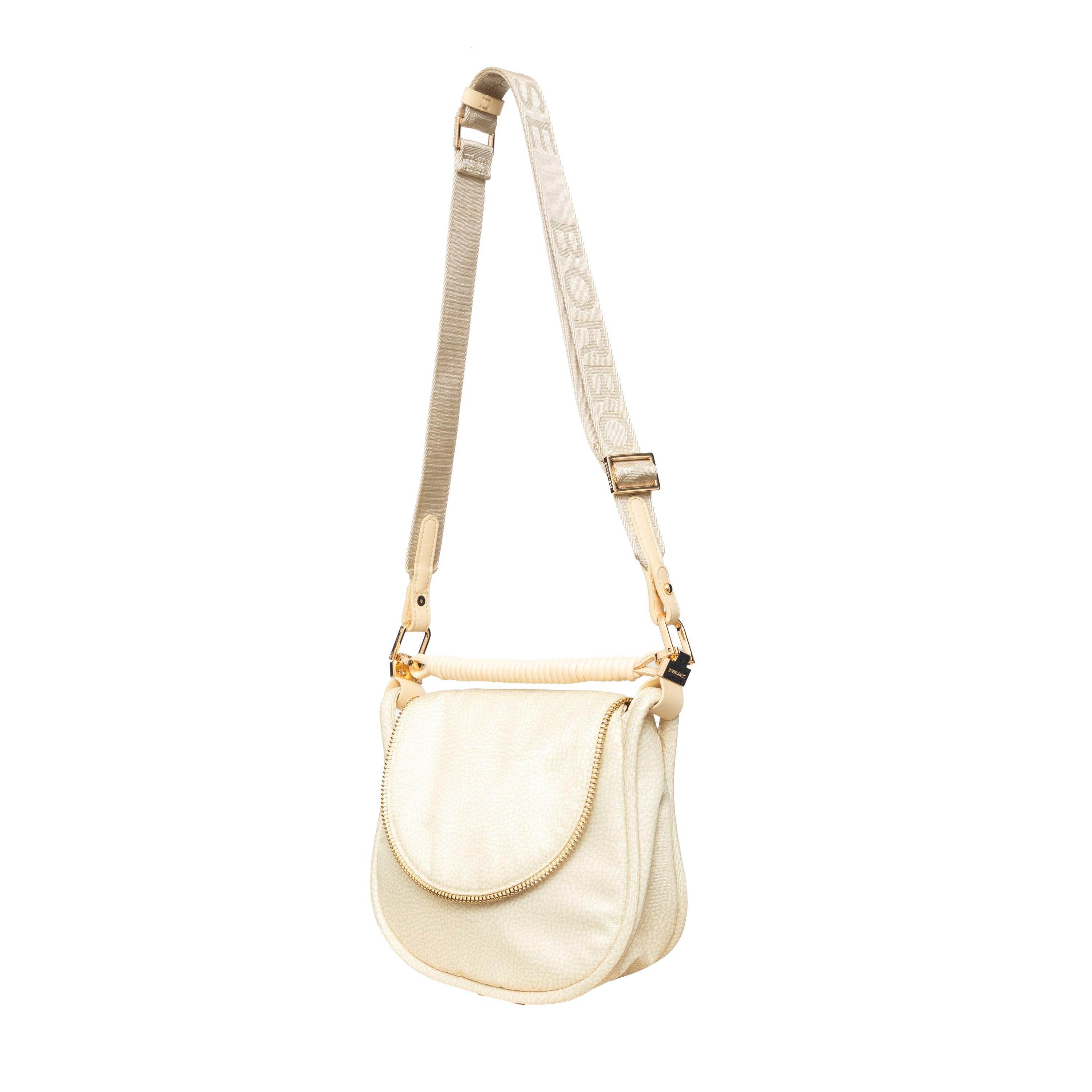 This off-white recycled nylon crossbody bag features a logo-embossed canvas adjustable strap, golden hardware, offering an eco-friendly chic design. 
 Inclusion: dust bag. 
 Measurement: Height:20;Width:22;Depth:7;Shoulder Drop:38 
 Material: Nylon