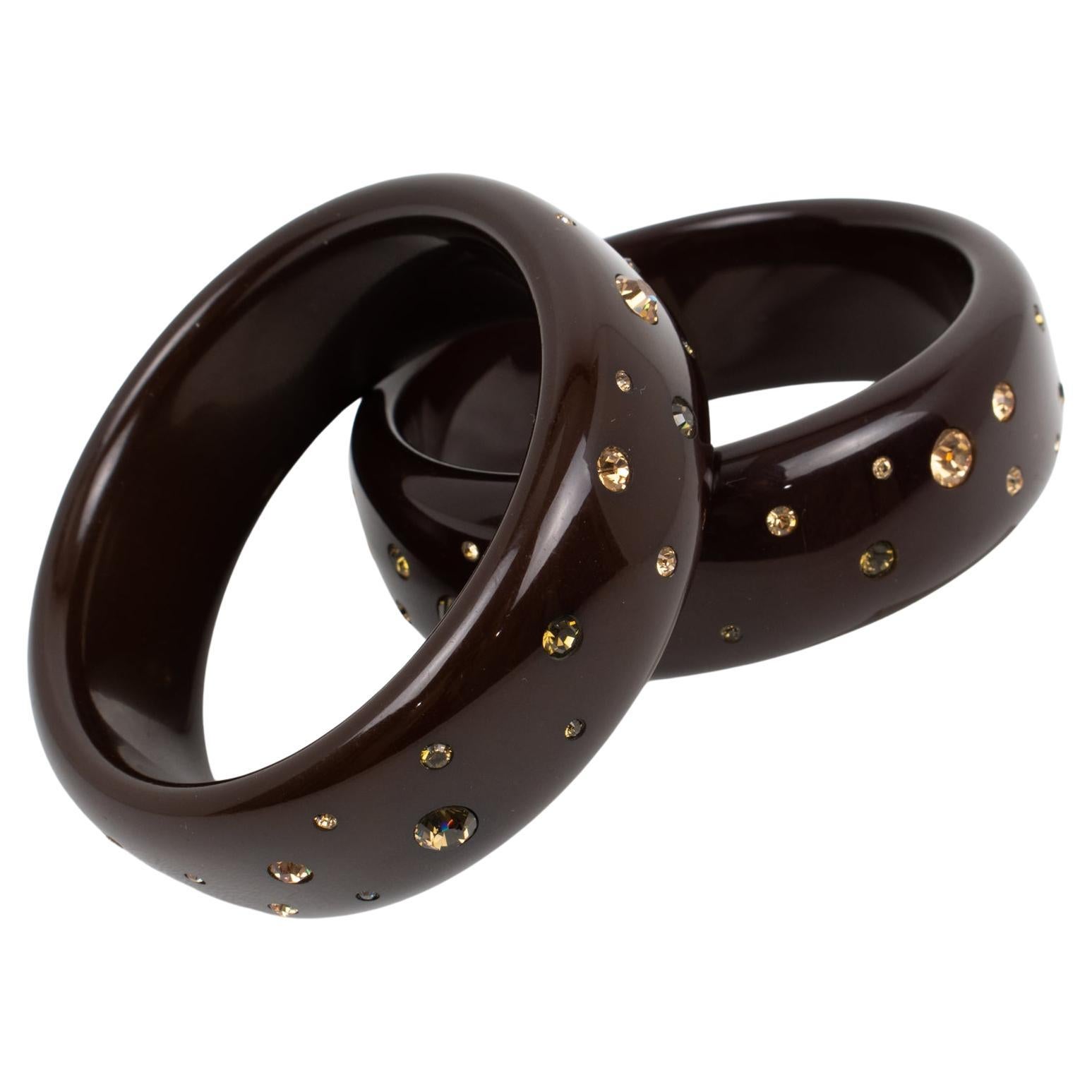Borbonese Italy Cocoa Brown Lucite Bracelet Bangle with Paste, a pair For Sale