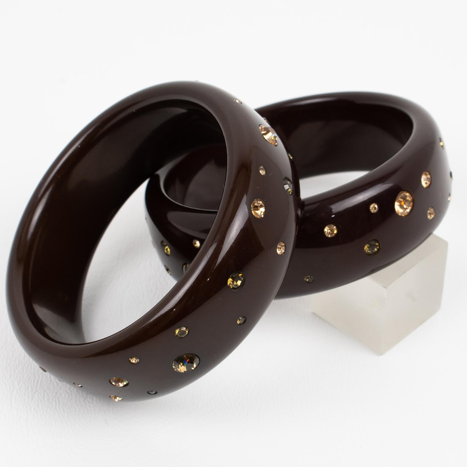 Borbonese Italy Cocoa Brown Resin Bracelet Bangle with Paste, a pair For Sale 2