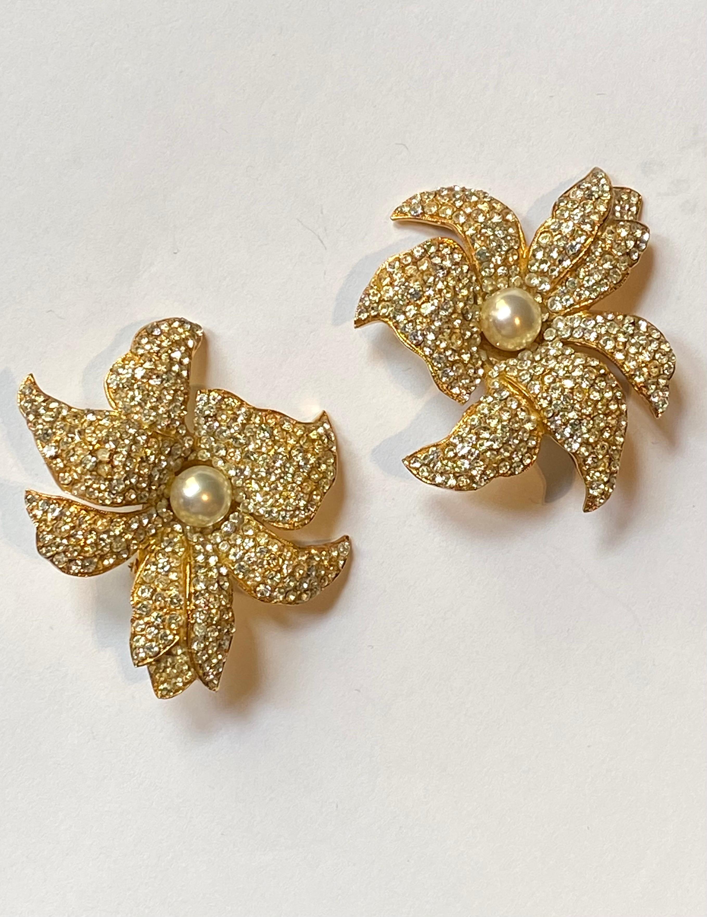 Borbonese, Italy Gold with Pave' Rhinestone Large Flower Earrings 6