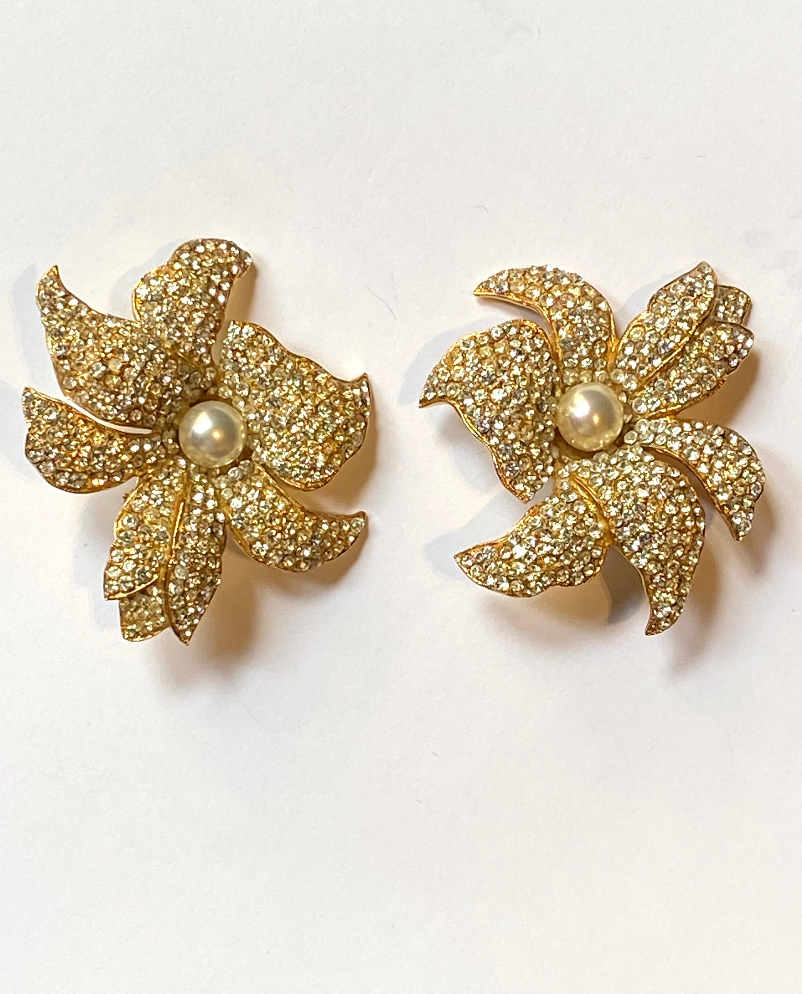 Borbonese, Italy Gold with Pave' Rhinestone Large Flower Earrings 7