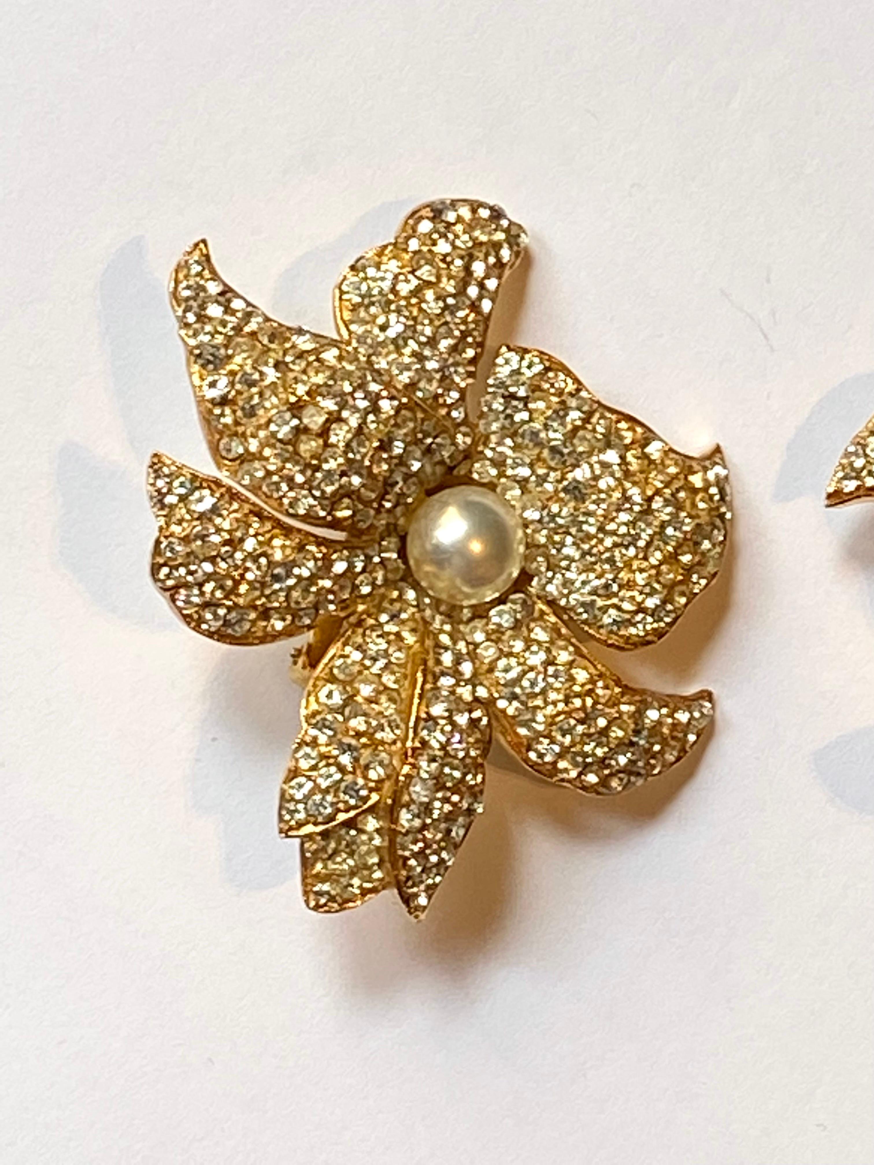 Borbonese, Italy Gold with Pave' Rhinestone Large Flower Earrings 8