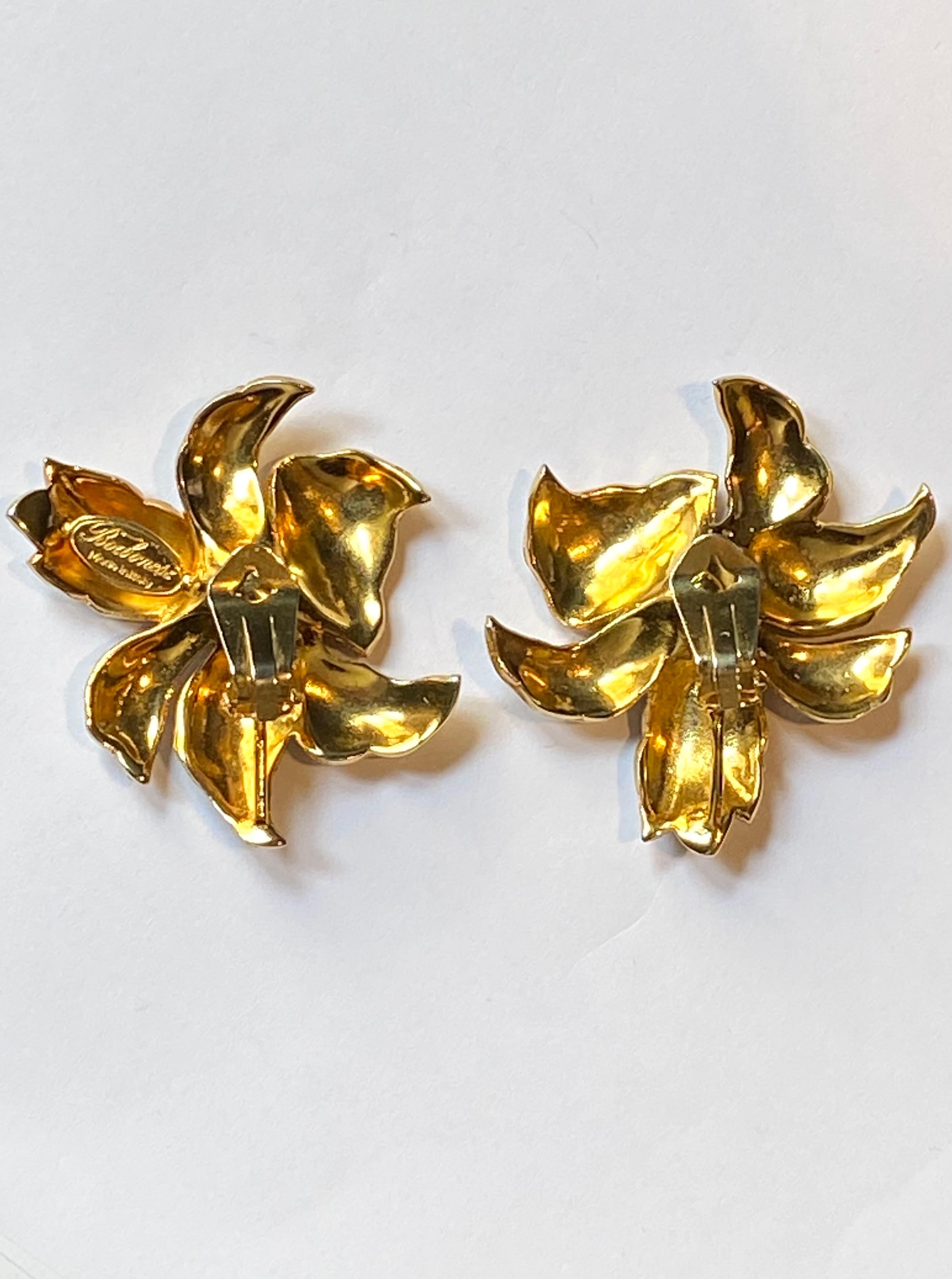 Borbonese, Italy Gold with Pave' Rhinestone Large Flower Earrings 10
