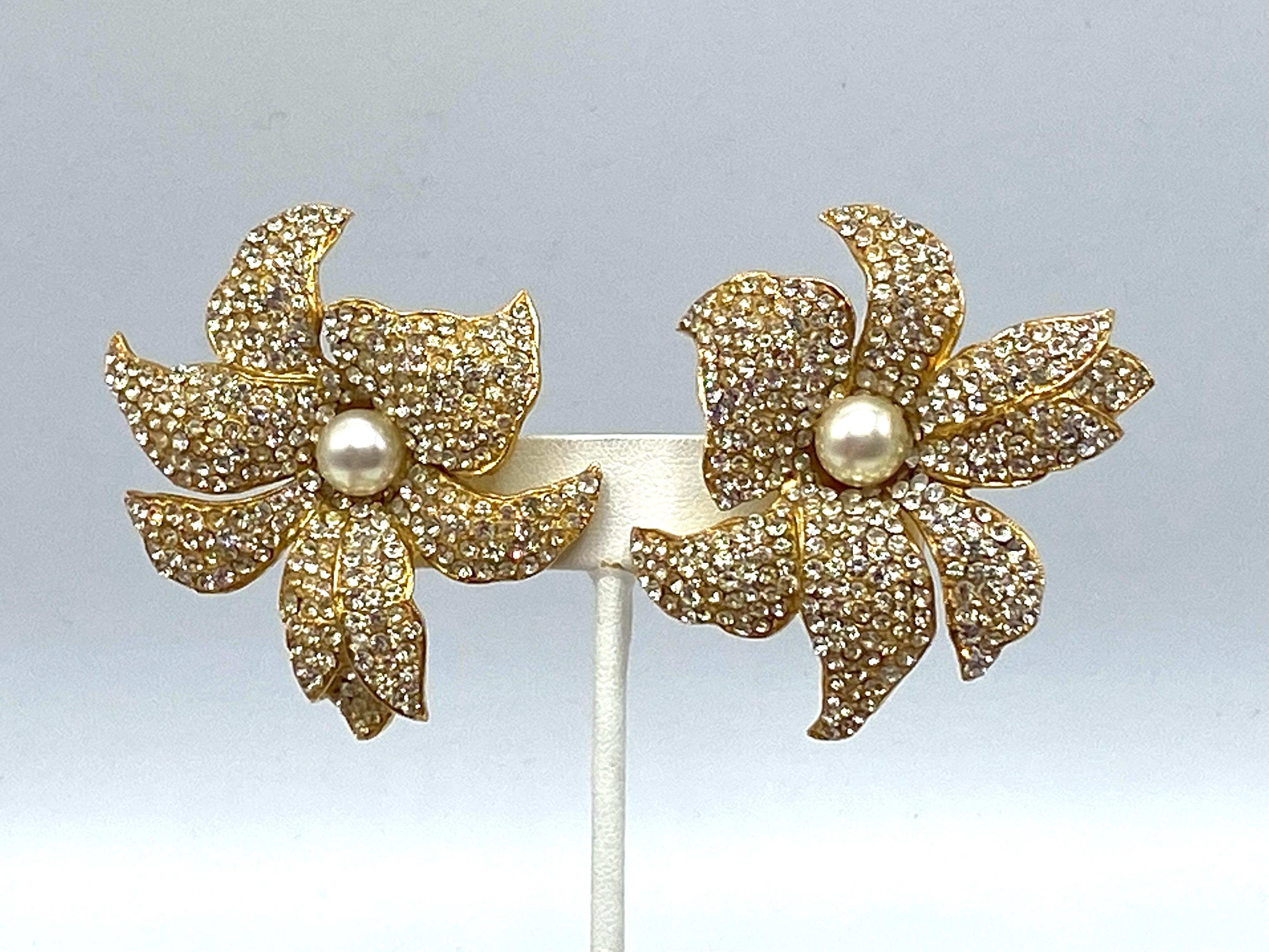 Borbonese, Italy Gold with Pave' Rhinestone Large Flower Earrings In Excellent Condition In New York, NY