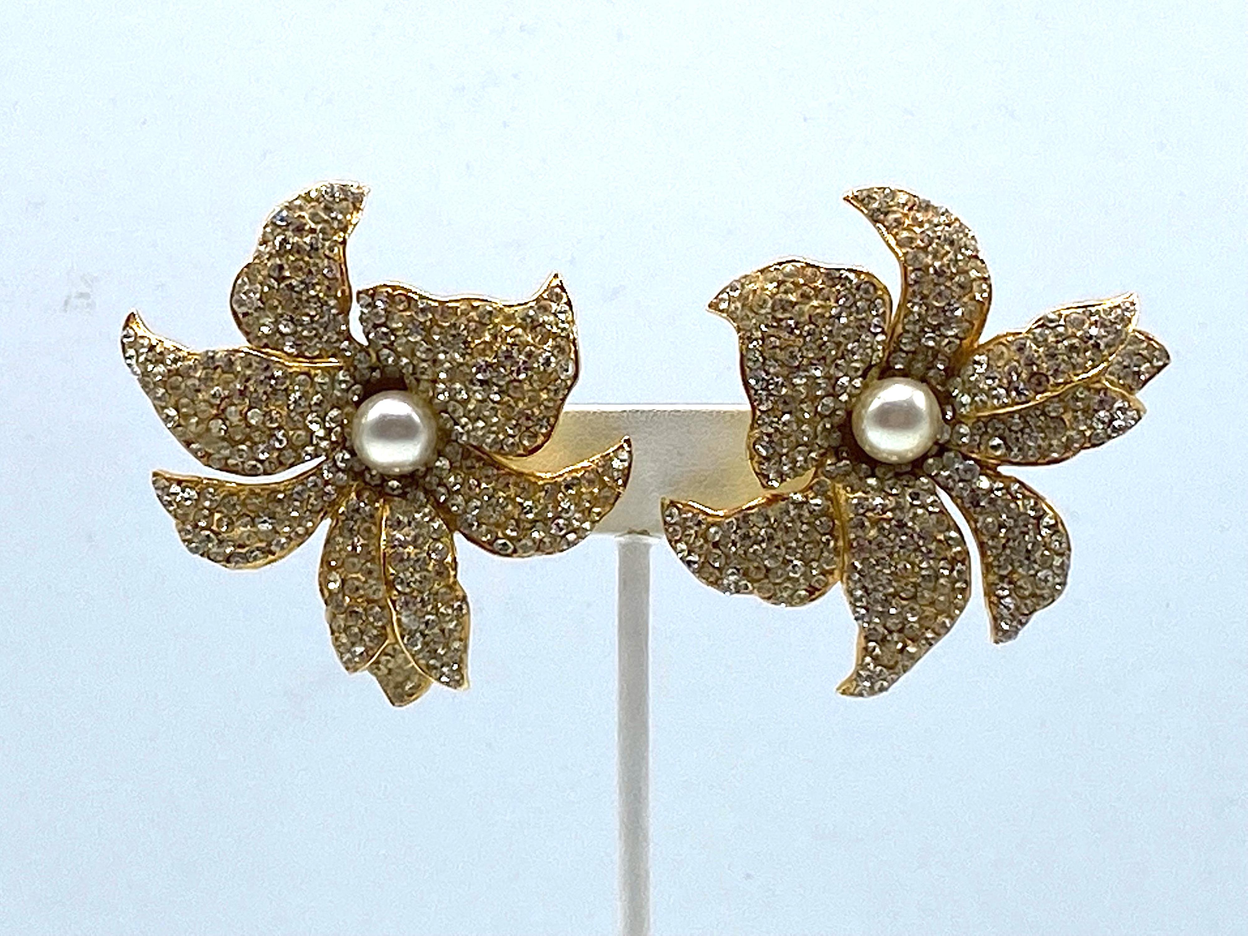 Women's Borbonese, Italy Gold with Pave' Rhinestone Large Flower Earrings