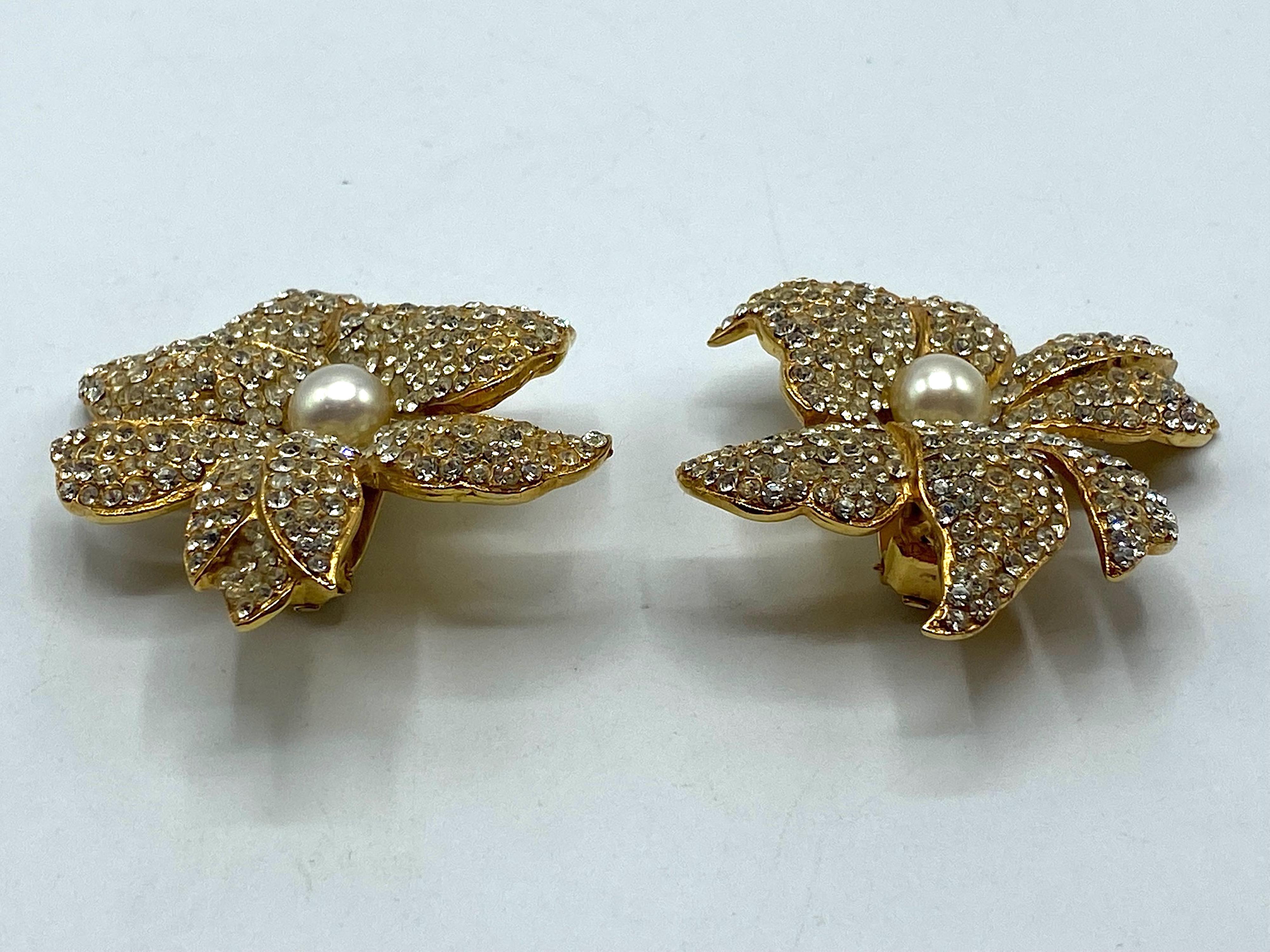 Borbonese, Italy Gold with Pave' Rhinestone Large Flower Earrings 1