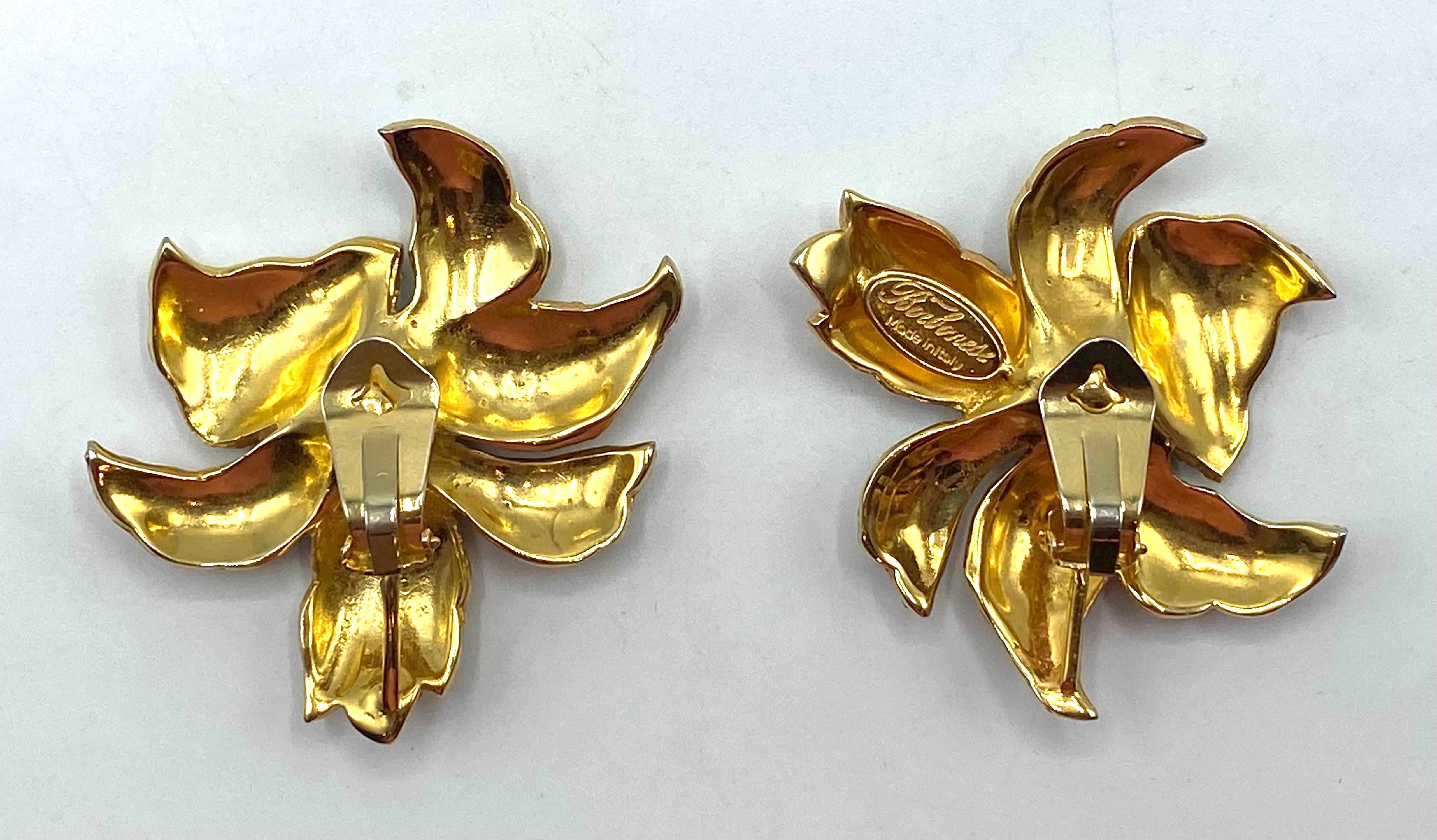 Borbonese, Italy Gold with Pave' Rhinestone Large Flower Earrings 4