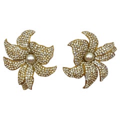 Borbonese, Italy Gold with Pave' Rhinestone Large Flower Earrings