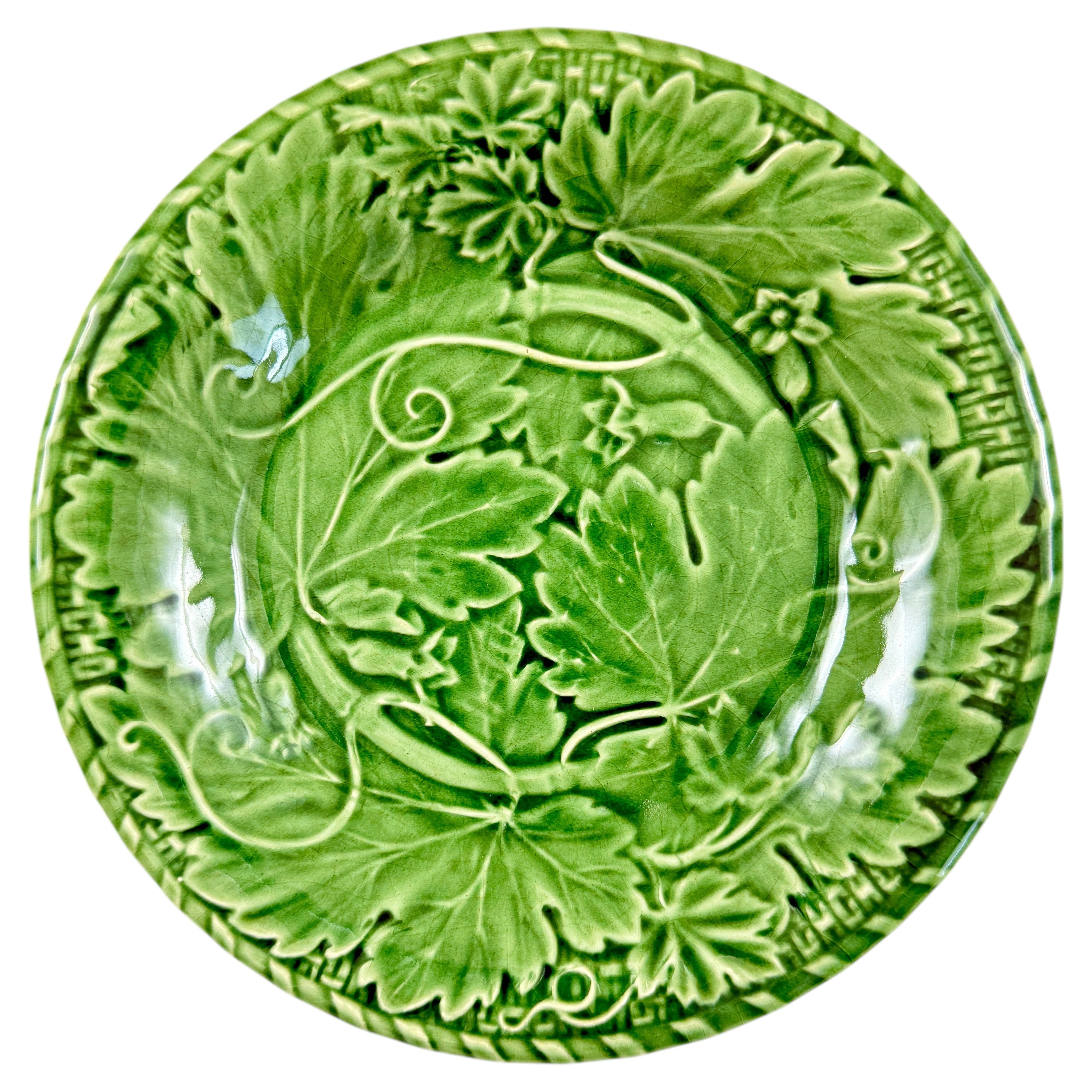 Bordallo Pinheiro Green Grape Vine & Basket Weave Green Plate For Sale